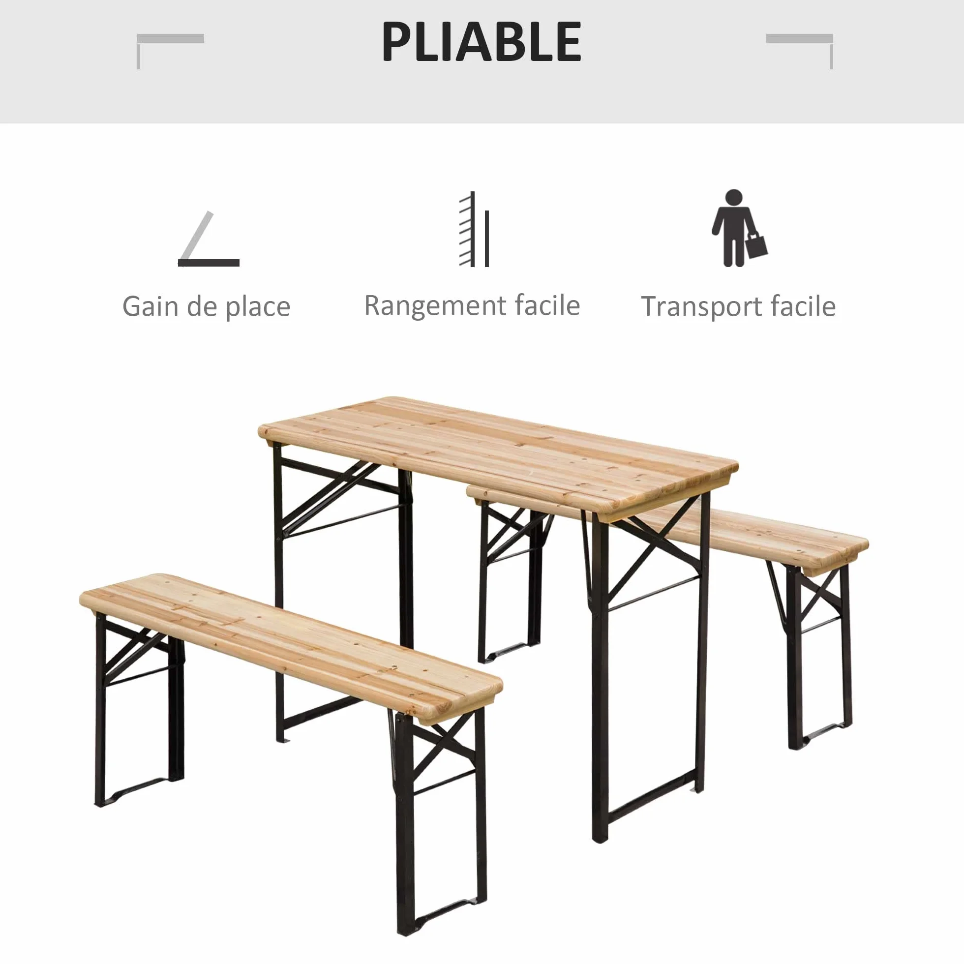 Outsunny Table de Camping Pique-Nique Pliable avec 2 Bancs Métal Époxy Noir