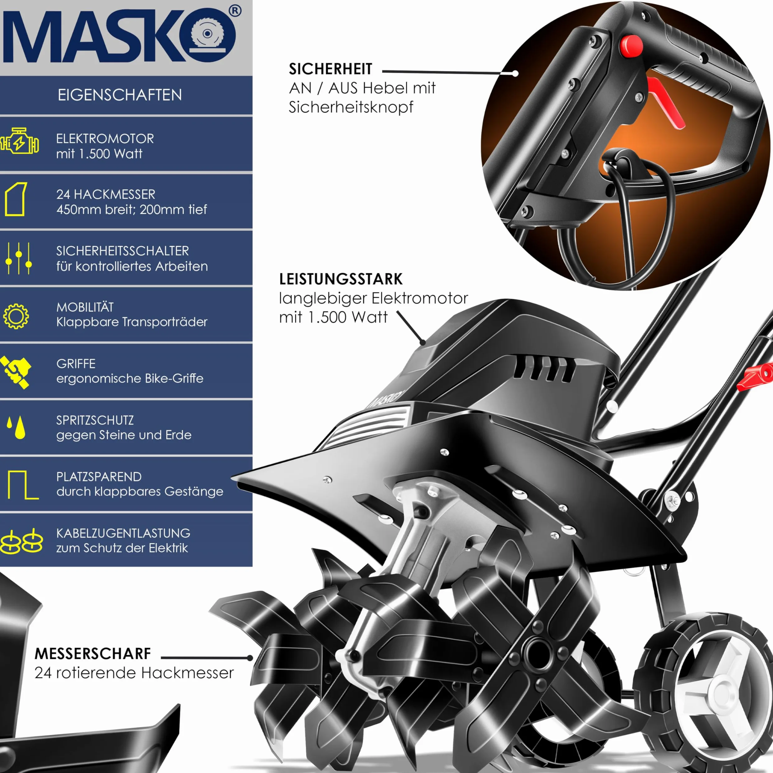 MASKO® Motobineuse électrique 1 500 Watts | 40 cm de Largeur de Travail, 20 cm de Profondeur de Travail | Bineuse | Motoculteur à Fraise | Cultivateur | Fraiseuse de Jardin | Bineuse électrique, Noir