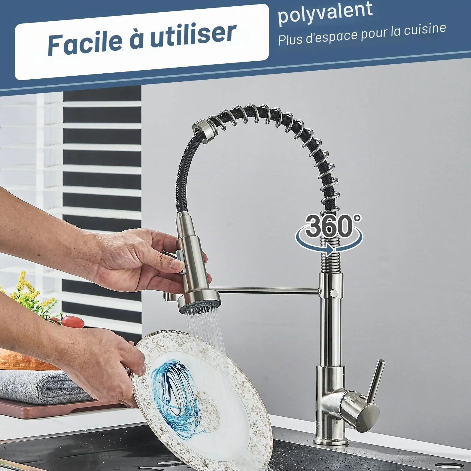 JUNSHENG Robinet de cuisine extractible, mélangeur acier inoxydable haute pression pivotant 360°, nickel brossé