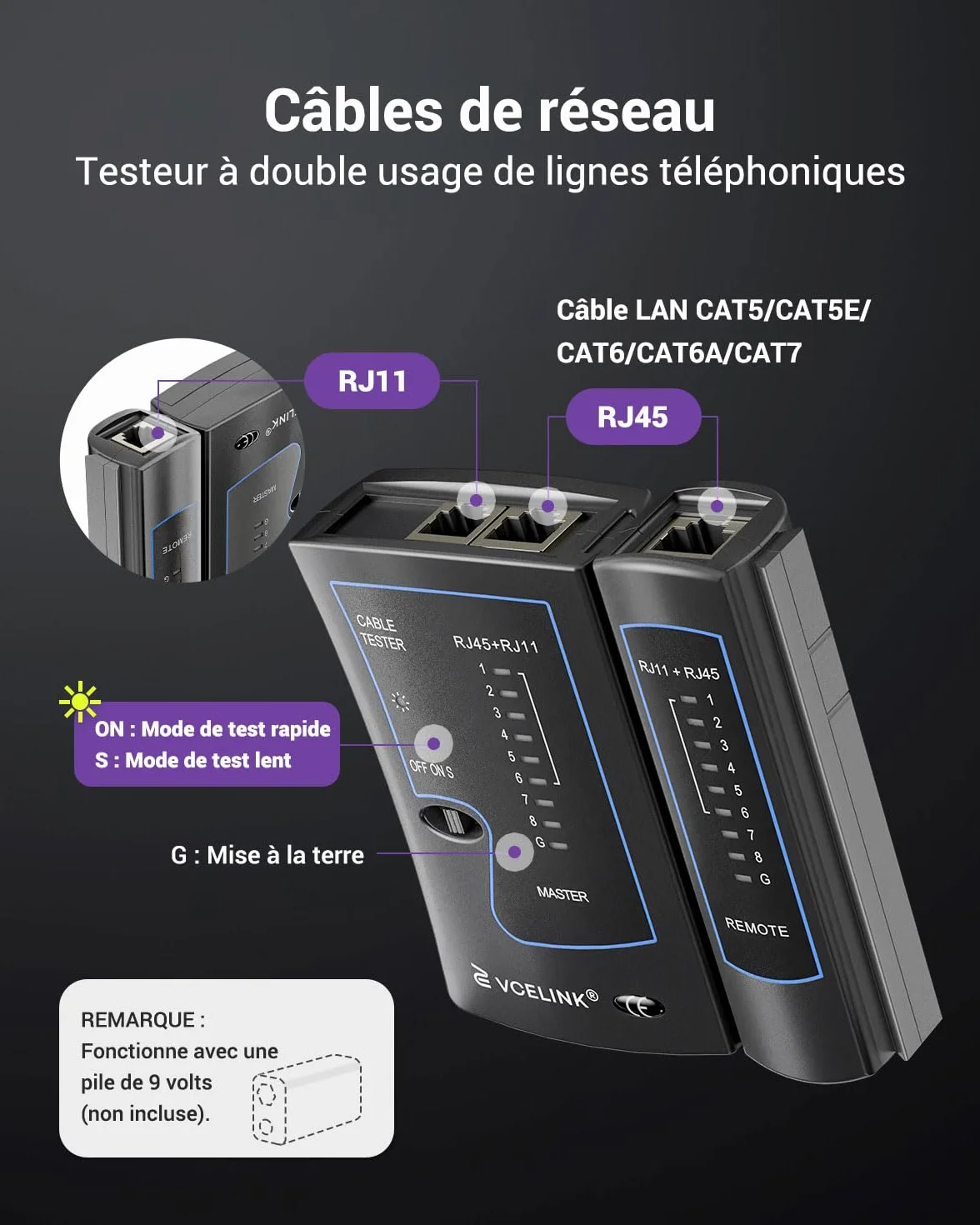 VCELINK Testeur RJ45 Testeur de Câble Réseau pour CAT7 CAT6A CAT6 CAT5E CAT5 RJ11 Noir