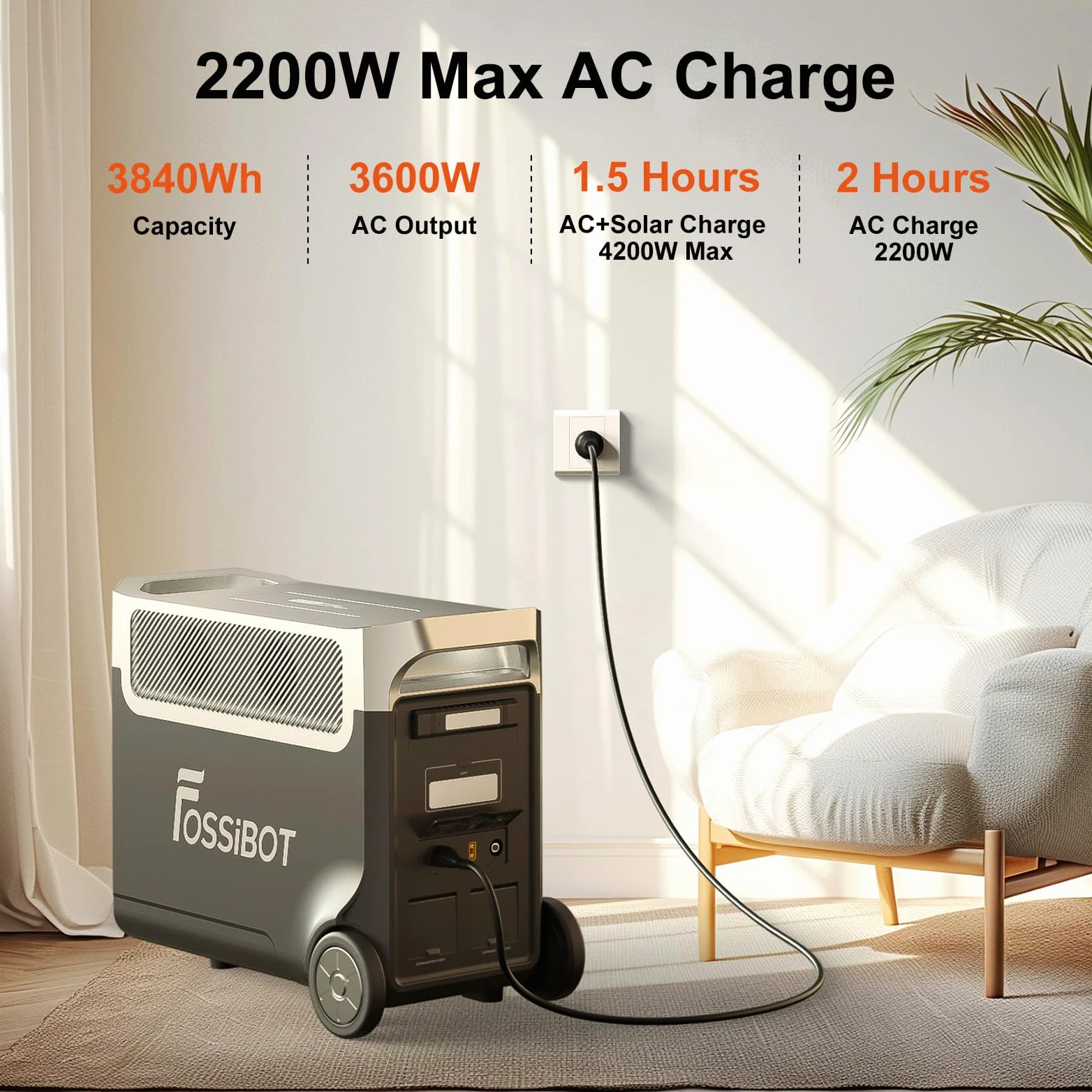 FOSSiBOT F3600 Pro Station électrique portable, Capacité 3840Wh, Batterie LFP 6500+ cycles, recharge rapide, puissance de sortie 3600 W, générateur solaire silencieux, pour la maison/camping/voyages