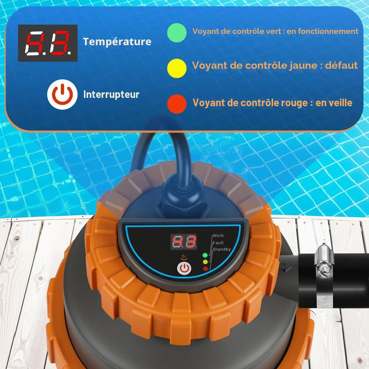 Chauffage de piscine électrique 3 kW avec affichage numérique et protection de sécurité 4 positions, raccord 32-38 mm, chauffe jusqu'à 45 °C, accessoires piscine hors sol