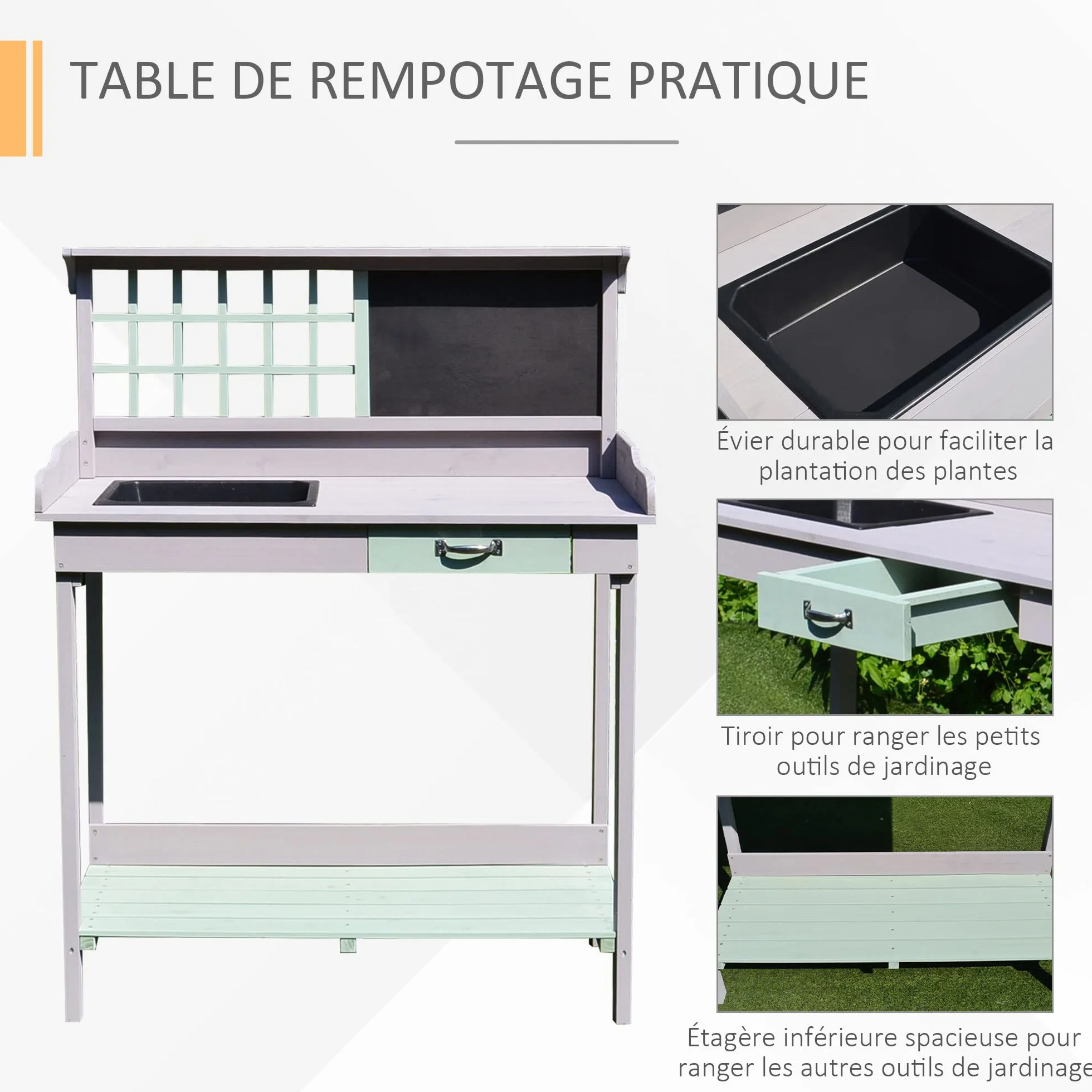 HOMCOM Table de rempotage Multi-équipée Table de Jardinage avec tiroir, étagère, évier dim. 92L x 42,5l x 119,5H cm Bois Massif pré-huilé Gris Vert Menthe