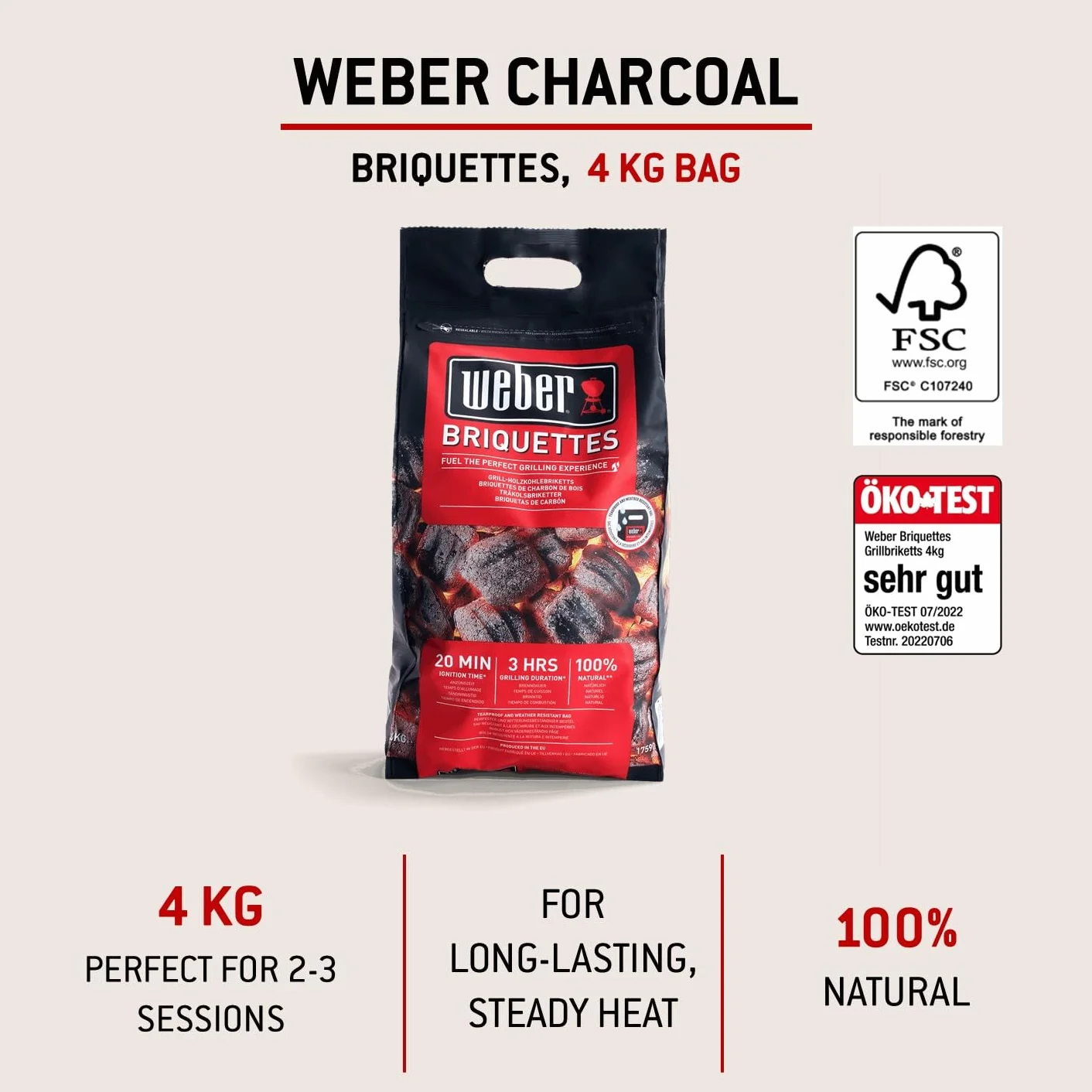 Weber Briquettes de Charbon de Bois Naturel pour Barbecue, Allumage Rapide 20 Min, Longue Combustion 3 Heures, 4 kg