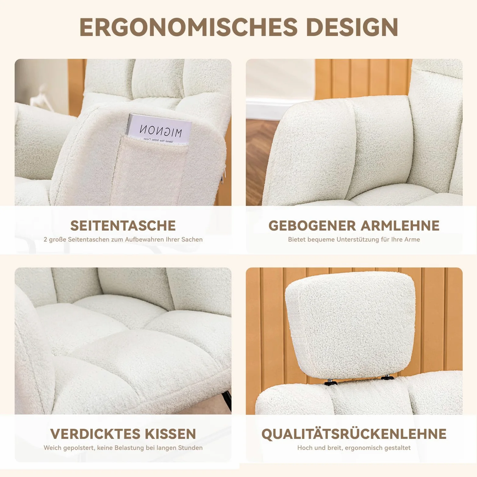 Comhoma Fauteuil à bascule avec tabouret, fauteuil relax en peluche de style oreillette, fauteuil à bascule pouvant supporter jusqu'à 150 kg, chaise longue de jardin pour la chambre à coucher, le