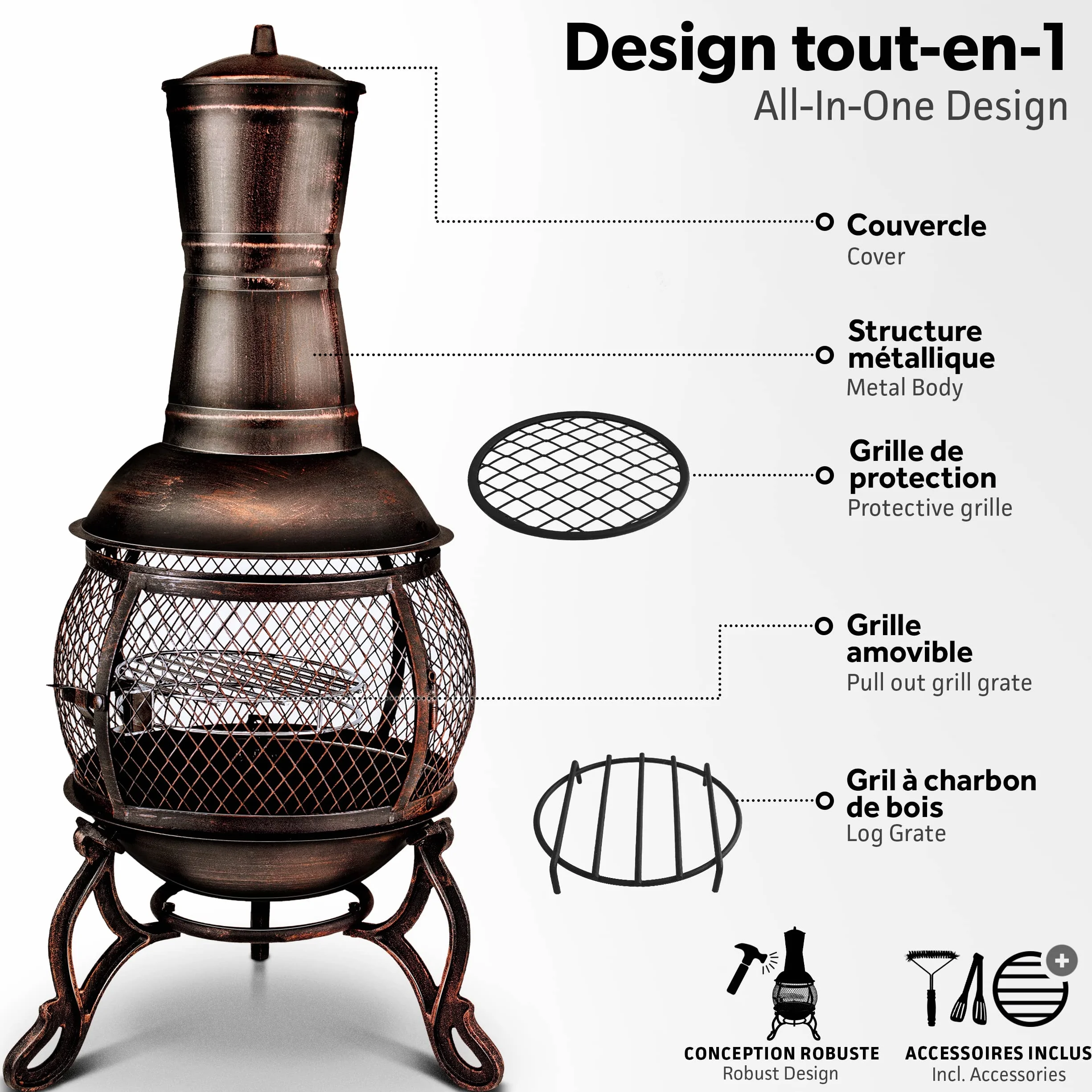 tillvex Cheminée de terrasse extérieure avec Grill | Brasero Mexicain avec Pare-étincelles | Chauffage de Jardin avec Housse | Poêle à Bois | Tisonnier + Grille, BBQ + Accessoires XXL (Bronze, 90)