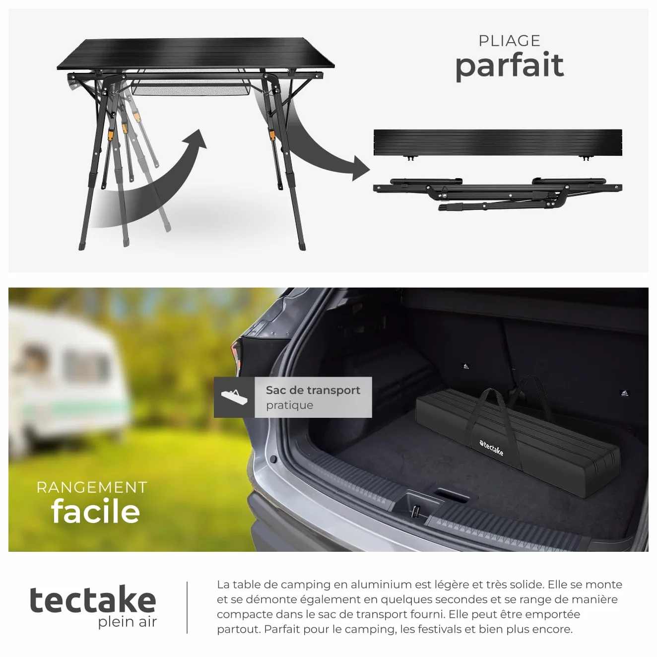 Tectake Table Pliante de Pique Nique et Camping en Aluminium Réglable en Hauteur avec Sac de Transport