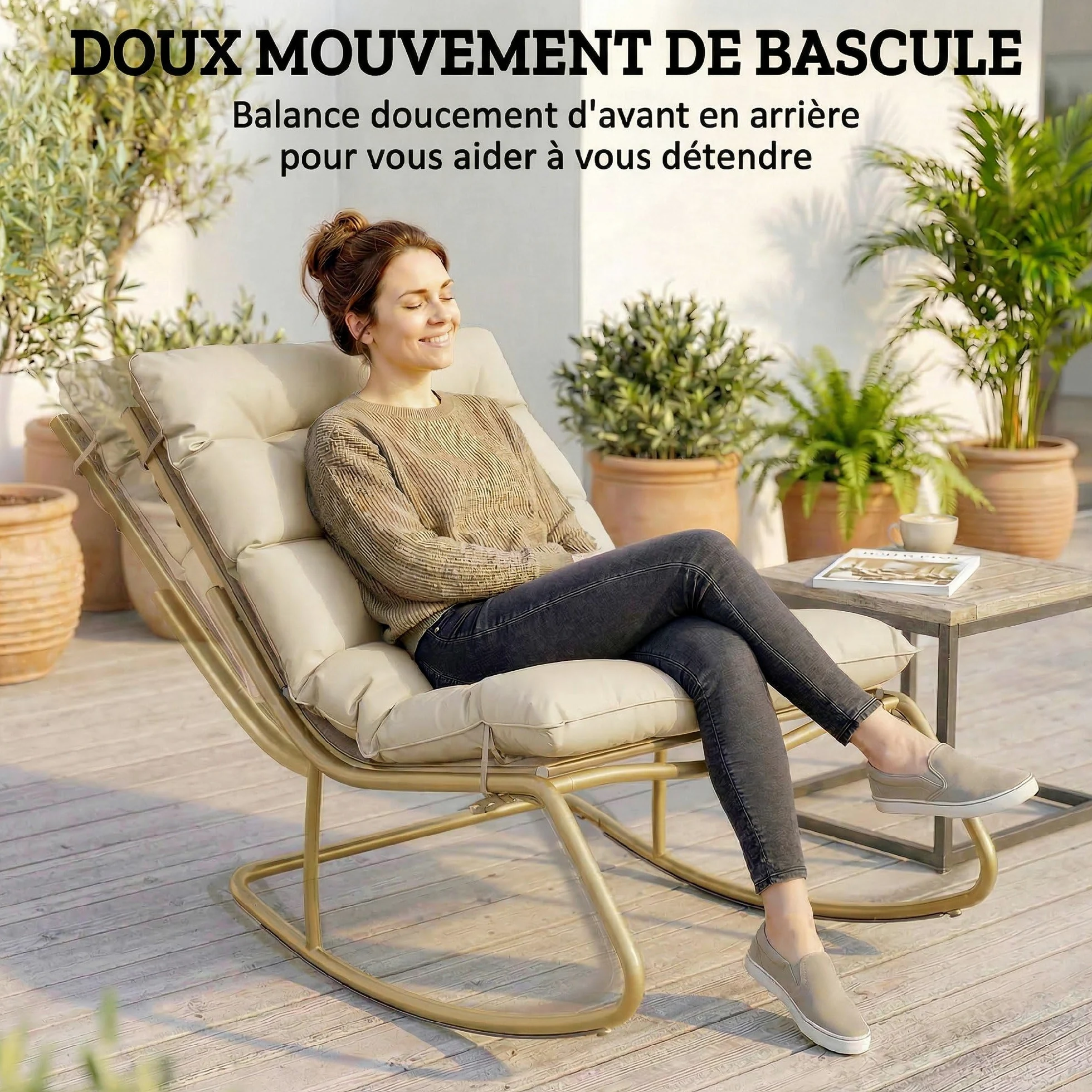 Outsunny Fauteuil à Bascule Extérieur avec Coussin Moelleux 125cm - Rocking Chair Large 64cm en Acier et Textilène - Chaise Bercante de Salon et Balcon, Beige et Doré
