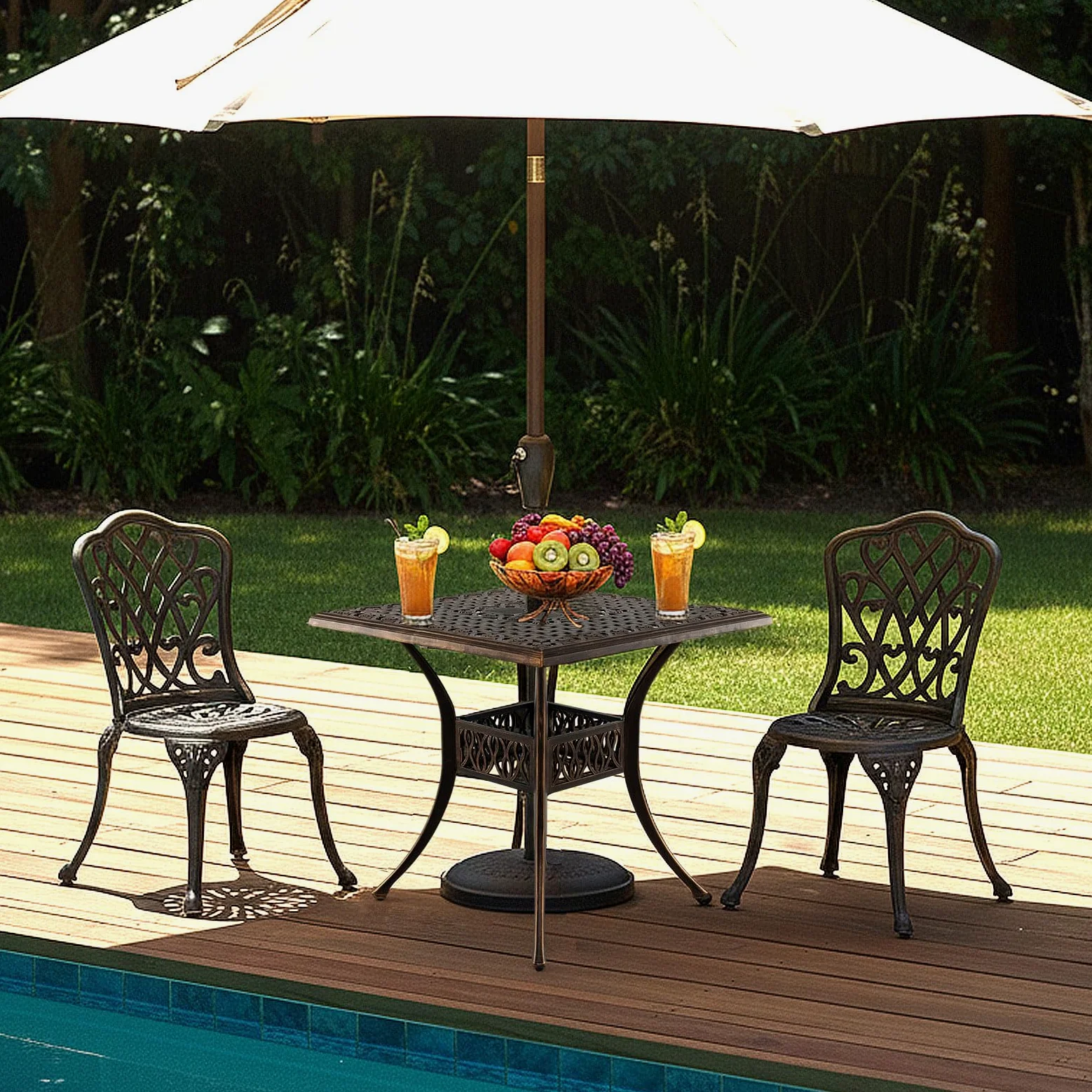 GIANTEX Table de Jardin Bronze avec Trou de Parasol de Ø 4,8 cm, Table de Balcon en Fonte d'Aluminium 80 x 80 cm pour 4 Personnes, Pieds Réglables, pour Terrasse, Jardin