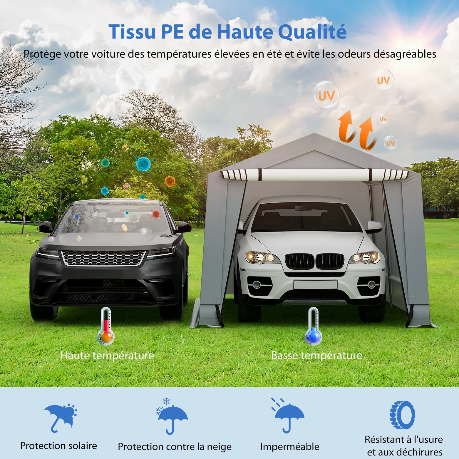 COSTWAY Tente Garage Carport Portable en Acier 290 x 490 cm, Abri Voiture Étanche Grand Auvent avec Portes, Poutres Triangulaires, Toutes Saisons pour SUV, Bateau, Cargaison
