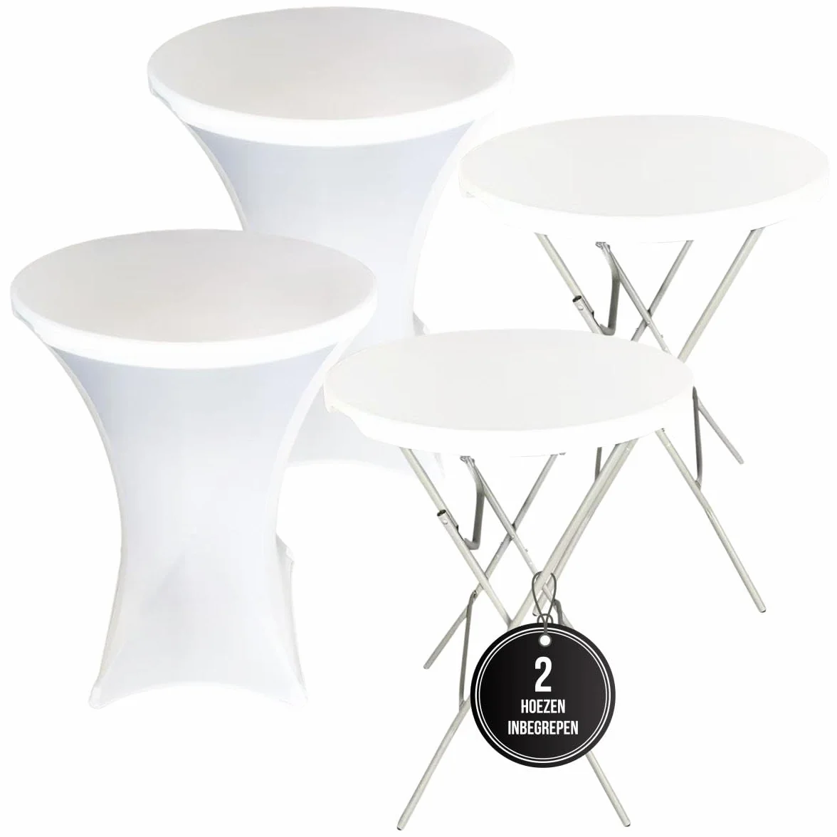 Tables Debout Lot de 2 avec Housses Blanches Ø80x110 cm - Tables de Fête Pliantes avec Plateau HDPE Résistant à l'eau et Cadre en Acier - Idéal pour Fêtes, Mariages & Evénements