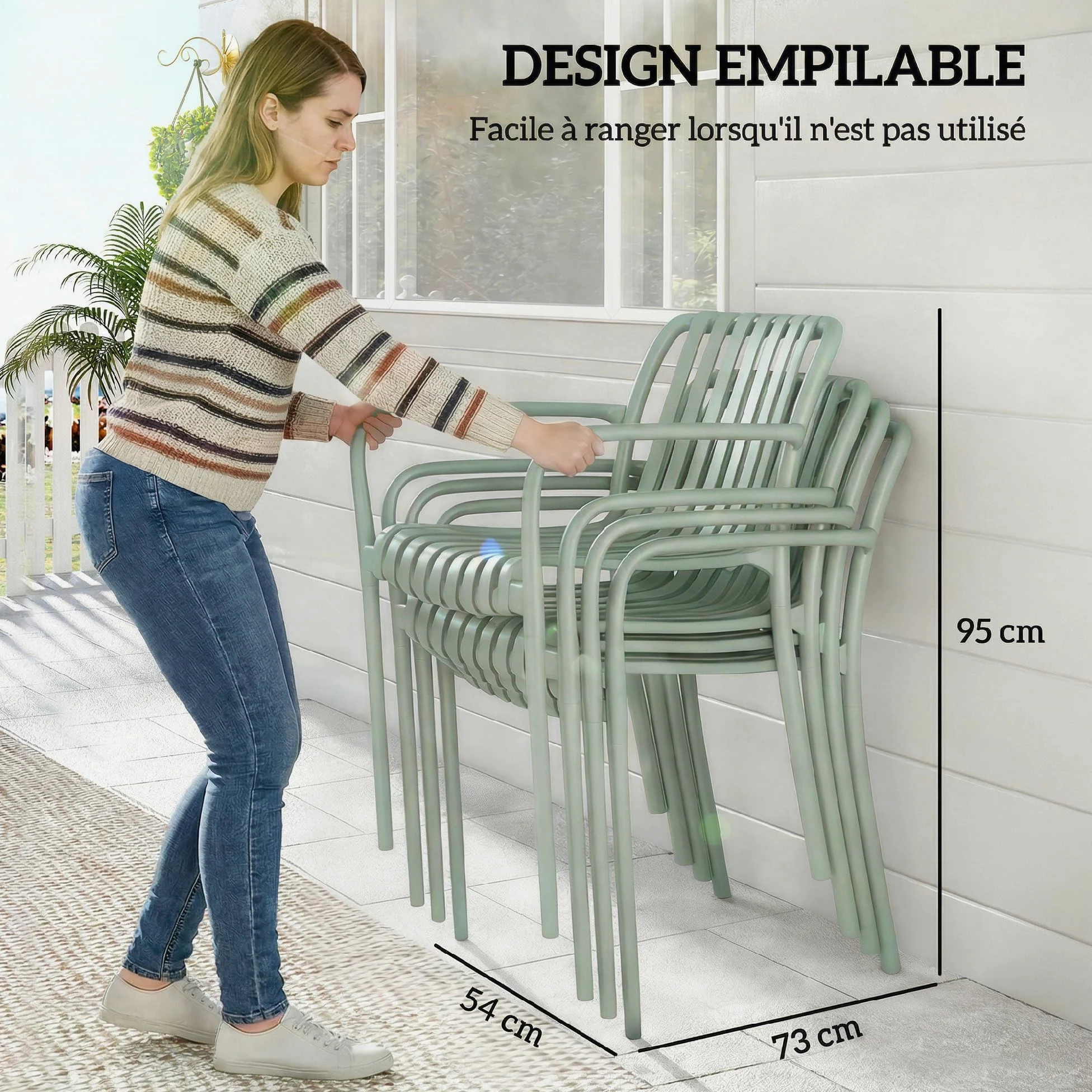 Outsunny Lot de 4 Chaises de Jardin Empilables en Polypropylène Anti-UV - Fauteuil de Terrasse avec Accoudoirs et Dossier à Lattes Ergonomique - Chaises de Salle à Manger Extérieures, Gris Vert