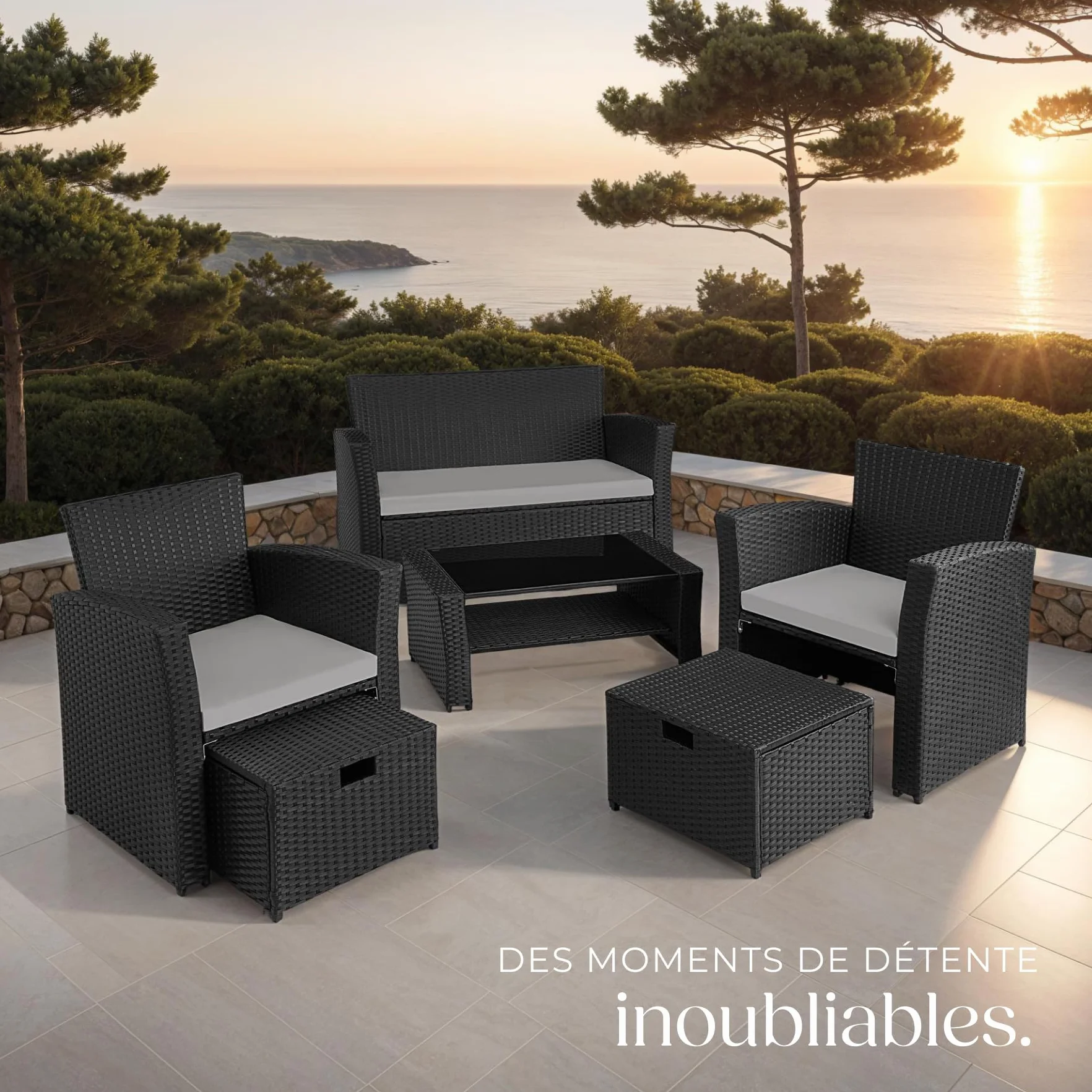 tectake Ensemble Salon de Jardin Poly Rotin 1 Banquette 2 Fauteuil 2 Tabouret 1 Table Jardin Noir/Gris