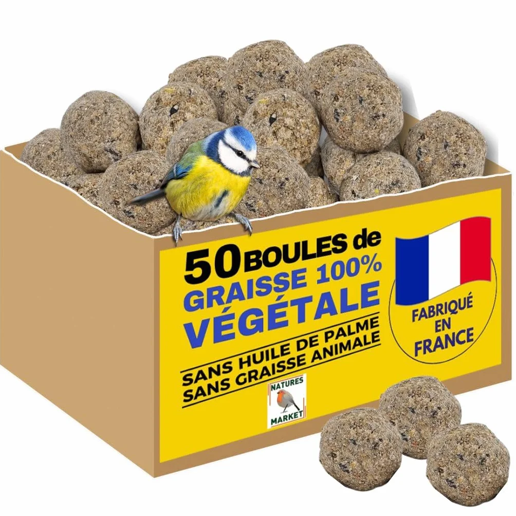 Boules Graisse VÉGÉTALE pour Oiseaux du Jardin – Fabriqué en France – 200 Boules sans Huile de Palme