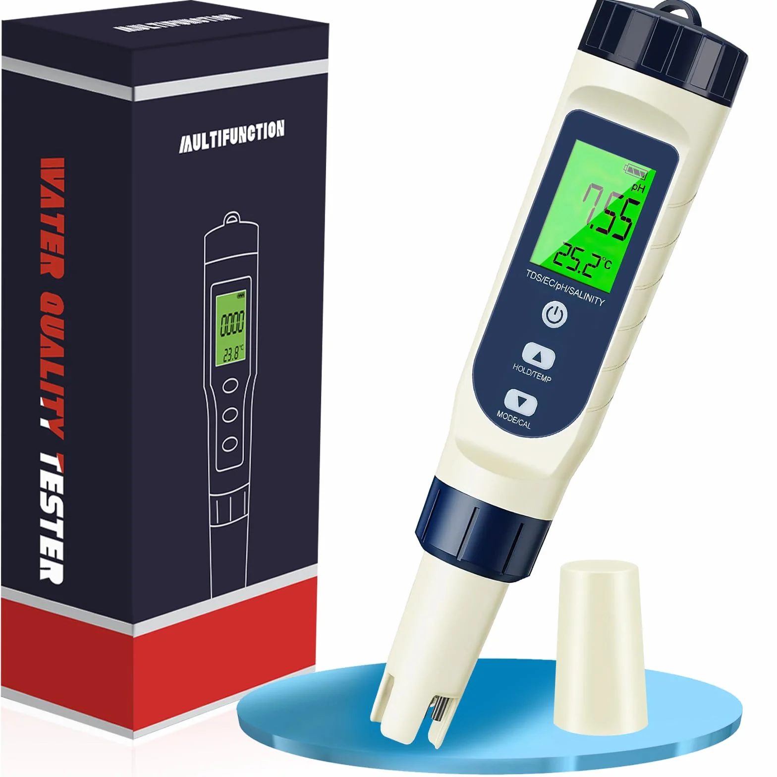 PH Mètre Électronique 5 en 1, PH/TDS/EC/Salinité/Thermomètre, Testeur de pH pour Piscine avec Écran LCD et Compensation Automatique de Température, Testeur d’Eau pour Piscines, Eau Potable, Hydroponie