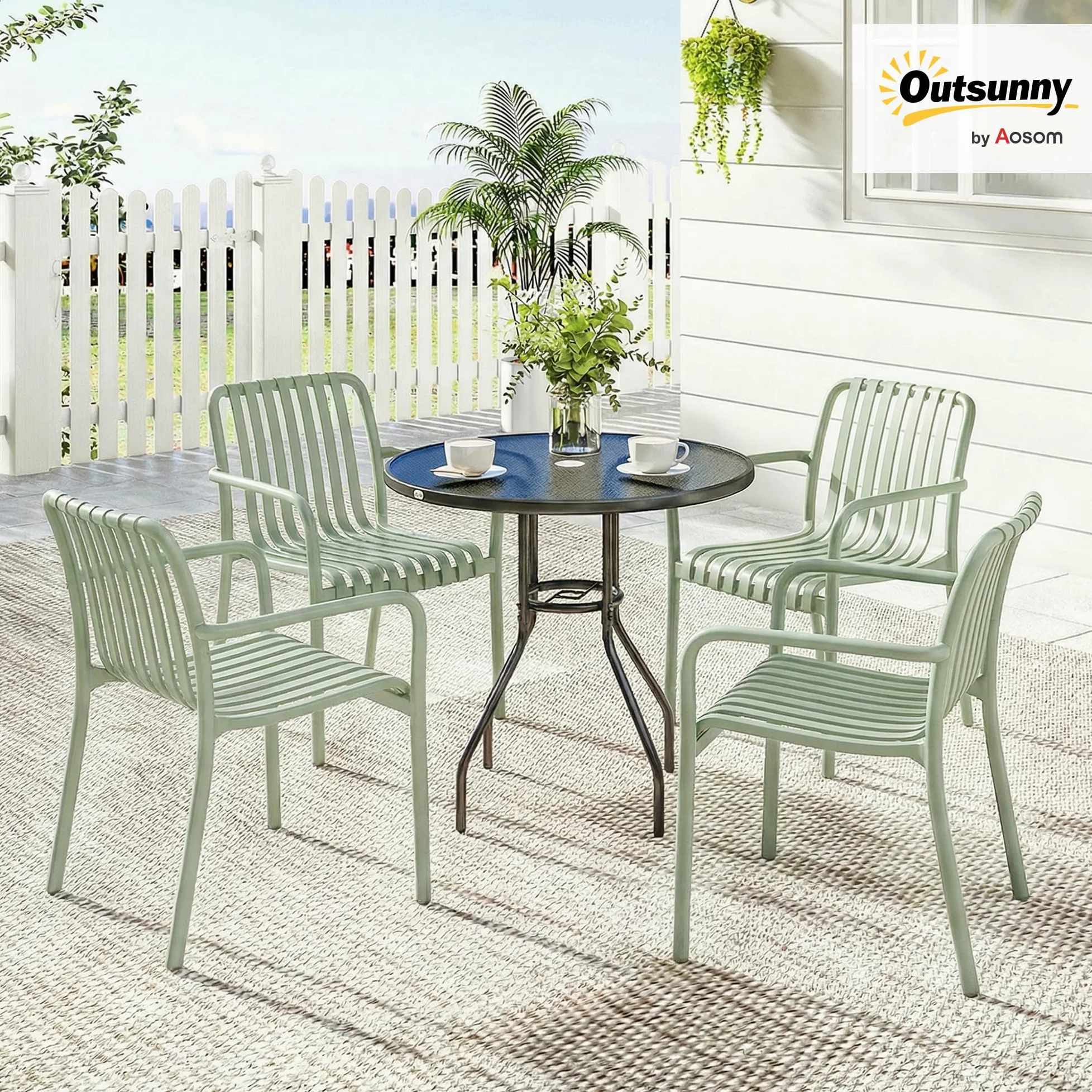 Outsunny Lot de 4 Chaises de Jardin Empilables en Polypropylène Anti-UV - Fauteuil de Terrasse avec Accoudoirs et Dossier à Lattes Ergonomique - Chaises de Salle à Manger Extérieures, Gris Vert