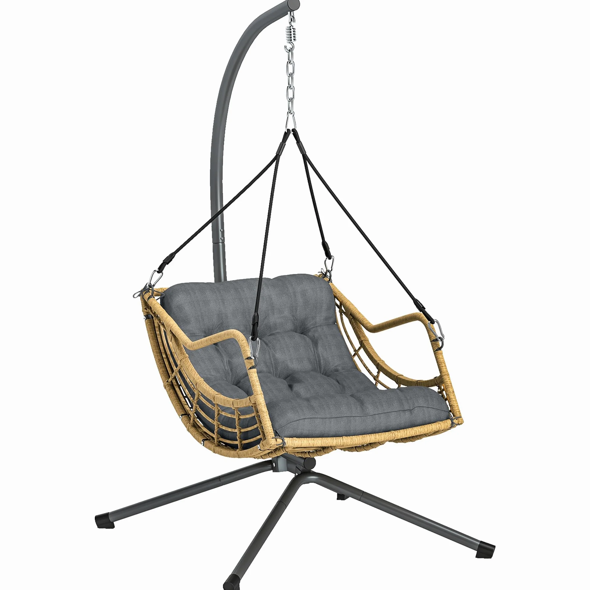 Outsunny Fauteuil Suspendu en résine tressée avec Support, Chaise Suspendue, Chaise hamac balançoire, Coussin et Attache de sécurité, Hauteur réglable, Cadre en Acier, intérieur et extérieur, Gris