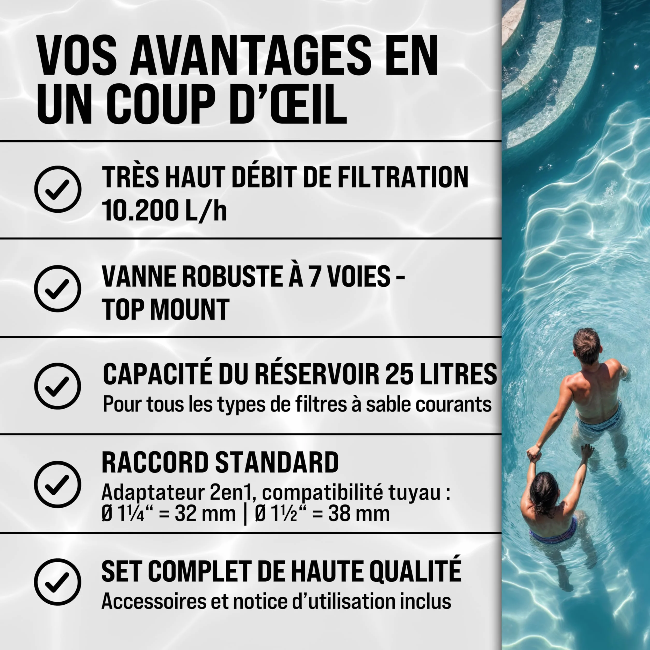 MONZANA Pompe filtre à sable 10,2 m³ auto-amorçante pour piscines jusqu'à 35 m³ certifié TÜV vanne 7 voies raccord 2en1 Ø32-38mm