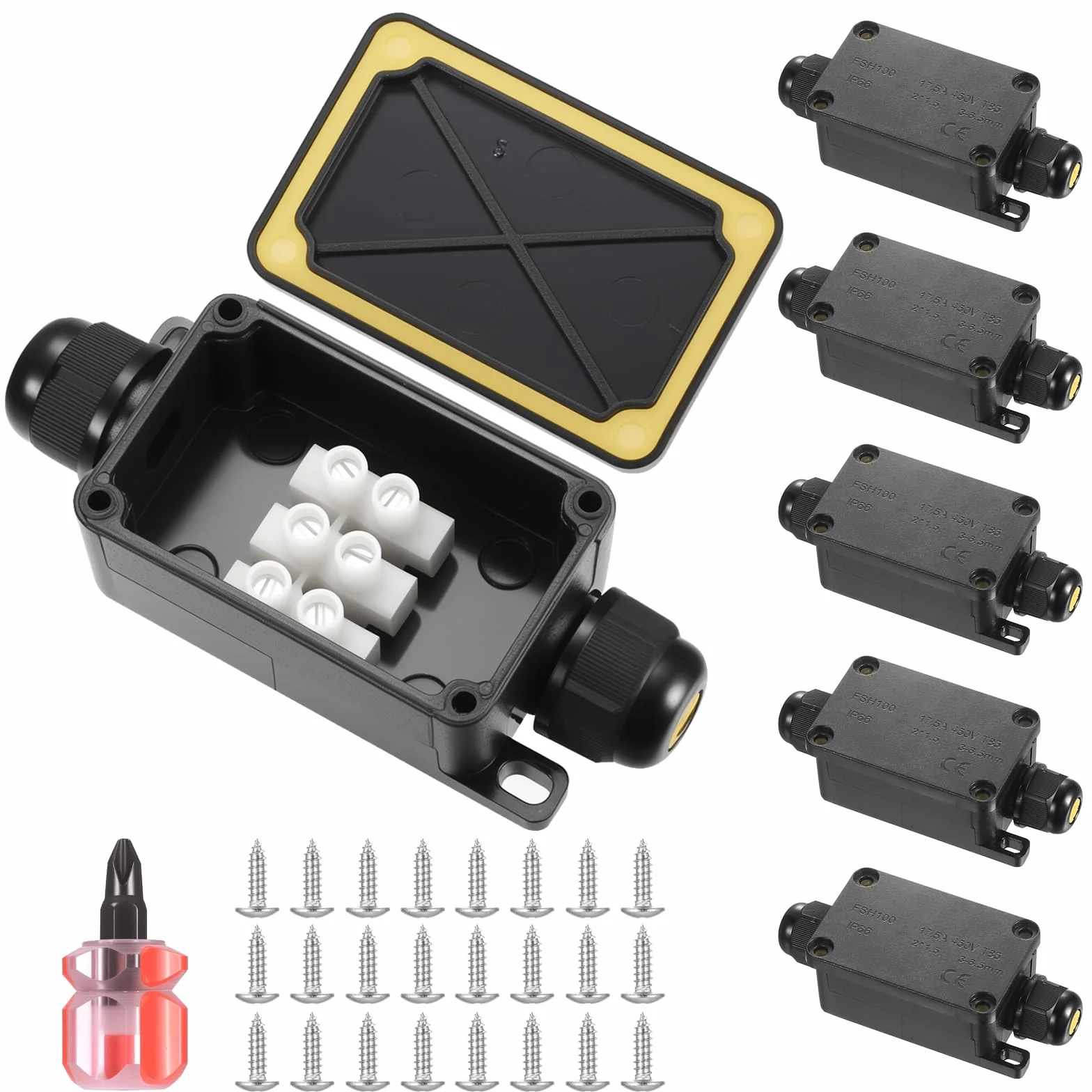 Boite de Derivation Etanche IP66 2 Voies, Boîtier de Raccordement pour Câbles 3-6,5 mm, Noir