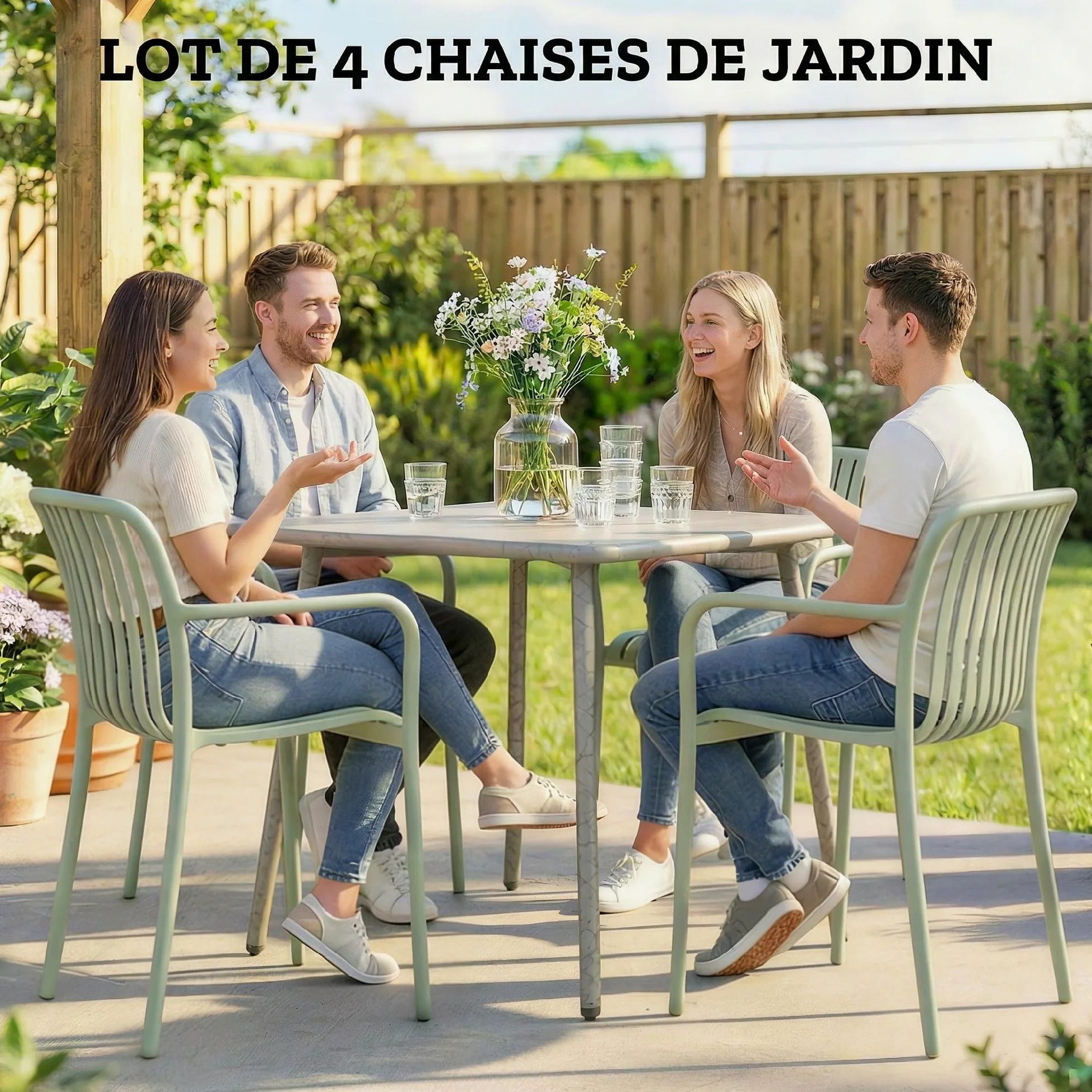 Outsunny Lot de 4 Chaises de Jardin Empilables en Polypropylène Anti-UV - Fauteuil de Terrasse avec Accoudoirs et Dossier à Lattes Ergonomique - Chaises de Salle à Manger Extérieures, Gris Vert