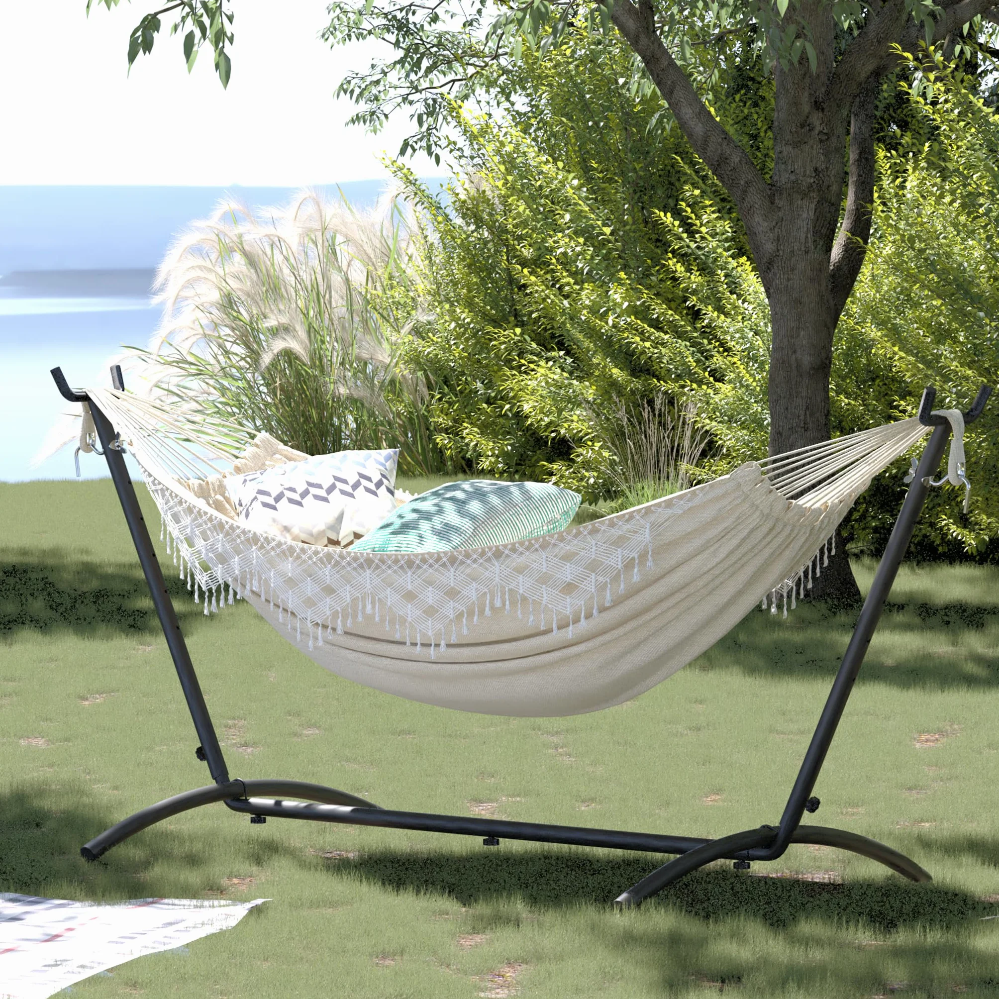 Hamac bohème pour 2 Personnes avec Support Réglable en Hauteur, Cadre métallique, Beige