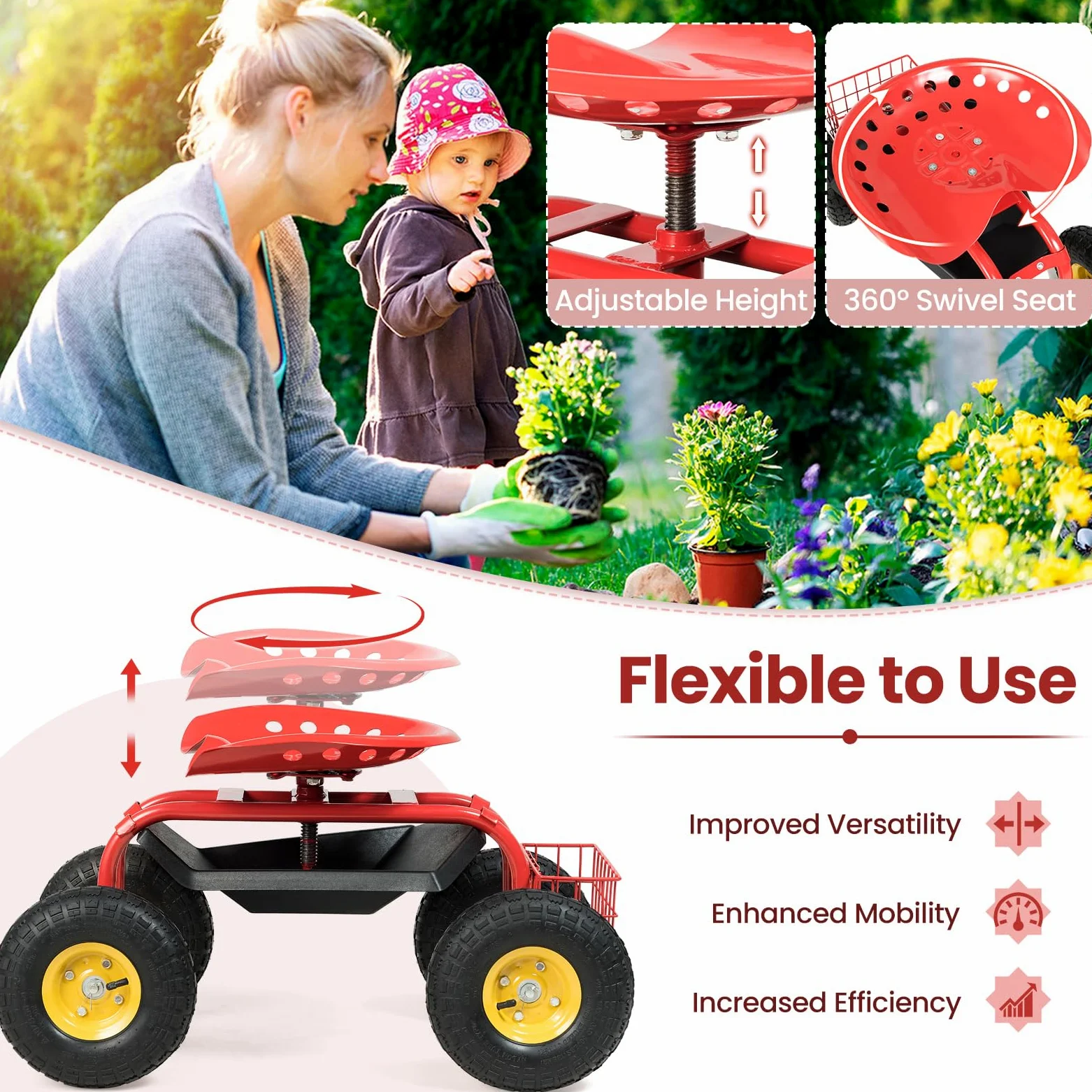 SOARS Siège Roulant de Jardin Pivotant à 360° et Réglable en Hauteur de 46 à 53 CM, Tabouret de Jardinage avec Étagère et Panier, Charge Maximale 150 KG, pour Jardinage et Entretien (Rouge)