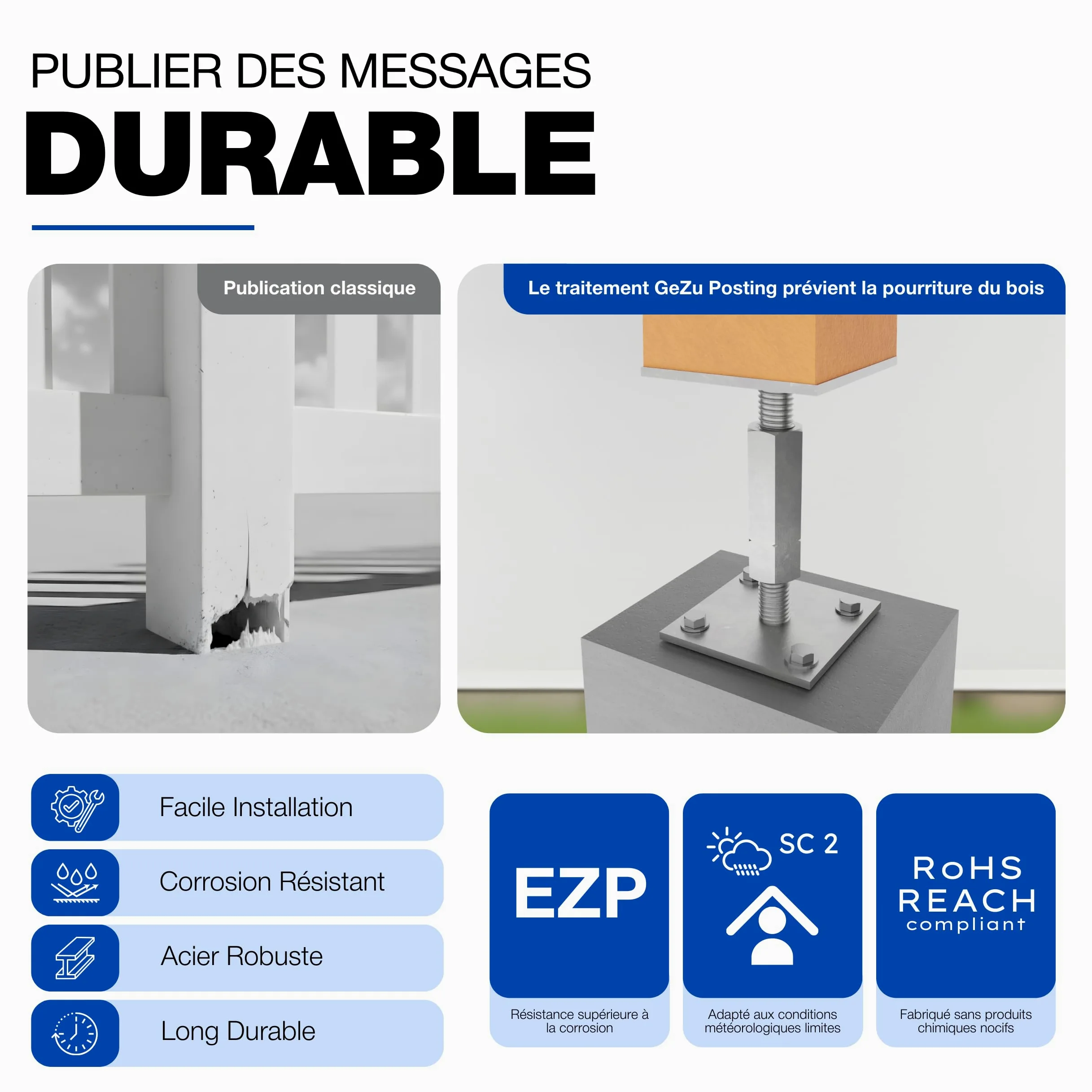 GeZu Impex Support de poteau Galvanoplastie Lot de 8 100 x 100 mm hauteur reglable platine bois pied poteaux clôture