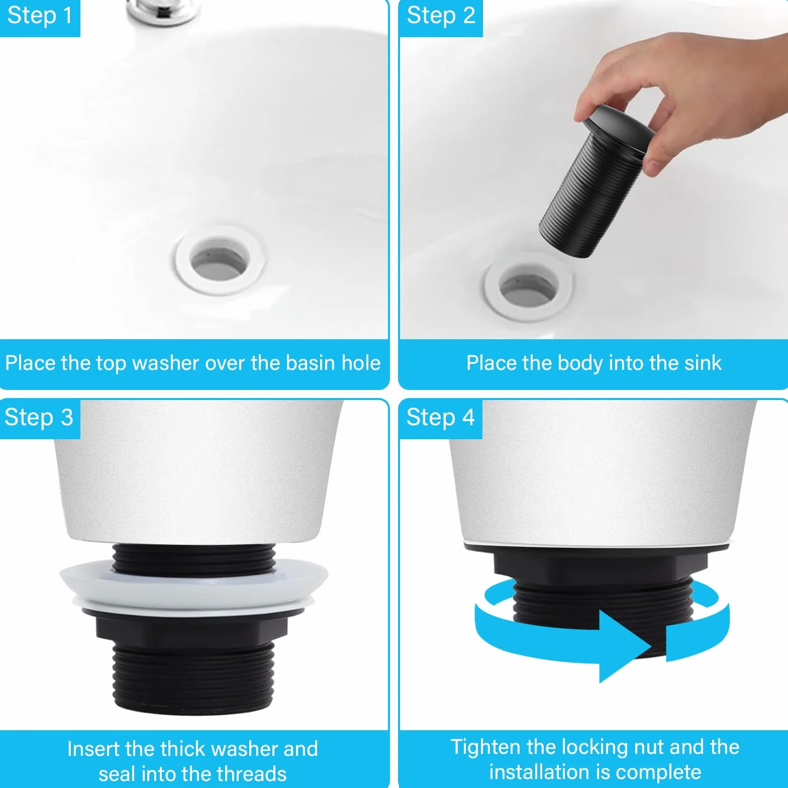 Bonde de Lavabo Sans Trop Plein Noir Clic Clac Universelle G 1 ¼ avec Joint pour Vasque