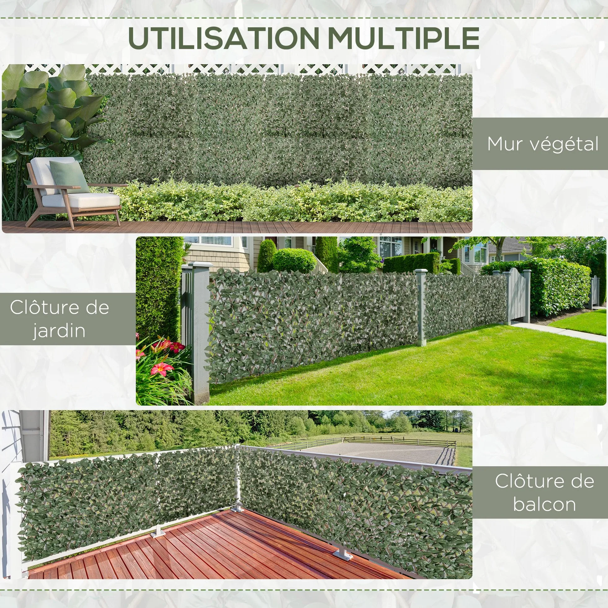 Outsunny Lot de 4 Haies Artificielles de Lierre, Feuilles Murale Brise-vue Extensible en Polyester Osier, Clôture Décorative Artificielle 200 x 100 cm pour Jardin Extérieur Balcon Terrasse, Vert