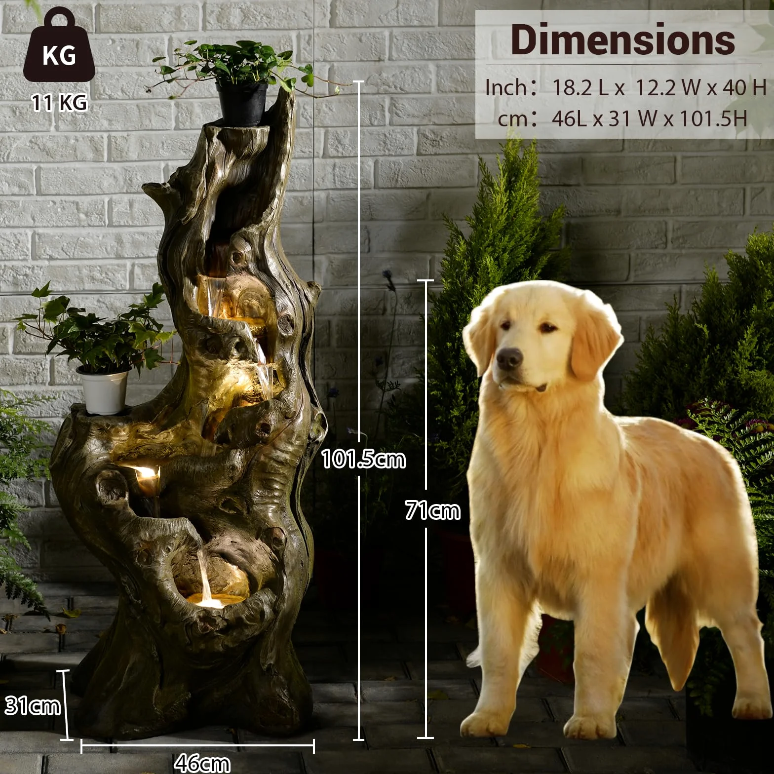 Bumilgar Caractéristiques d'eau de jardin 5 niveaux Grande cascade réaliste Tronc d'arbre naturel Fontaine extérieure en résine Imitation bois avec lumières LED pour jardin, patio, terrasse 101 CM