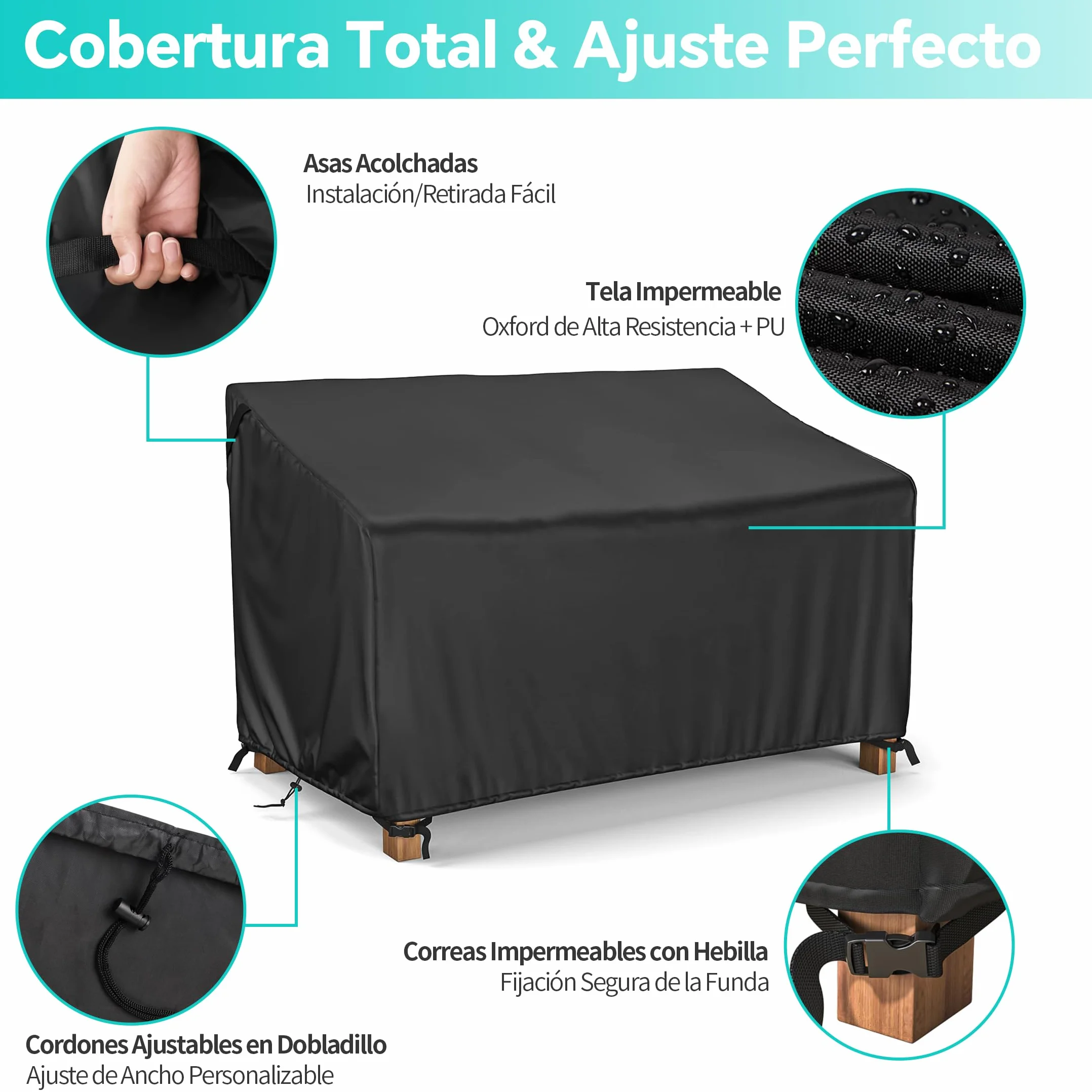 Housse de Banc de Jardin Extérieur 600D Oxford Imperméable Anti-UV Coupe-Vent pour Canapé 2 Places (147x83x78/55cm)