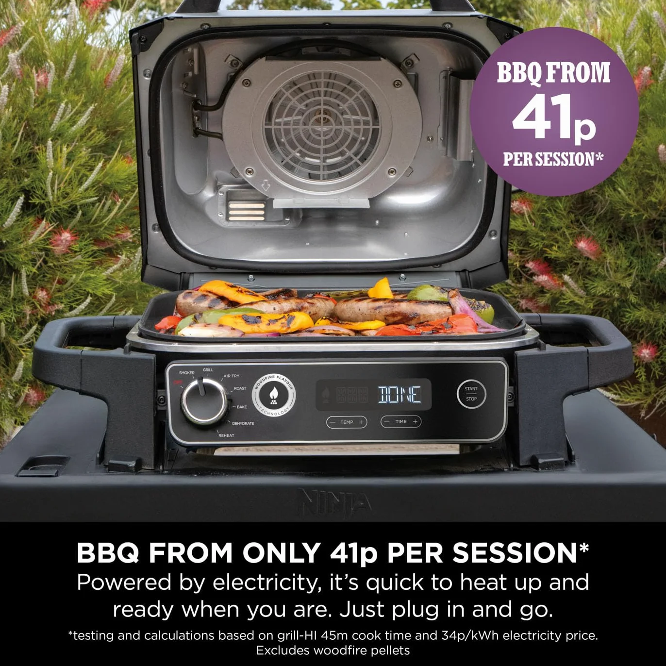 Ninja Woodfire Electric BBQ Grill & Smoker, 7-in-1 Outdoor Barbecue Grill & Air Fryer, Roast, Bake, Dehydrate, Uses Woodfire Pellets, Non-Stick, Portable, Gift for her / him, Grey/Black, OG701UK