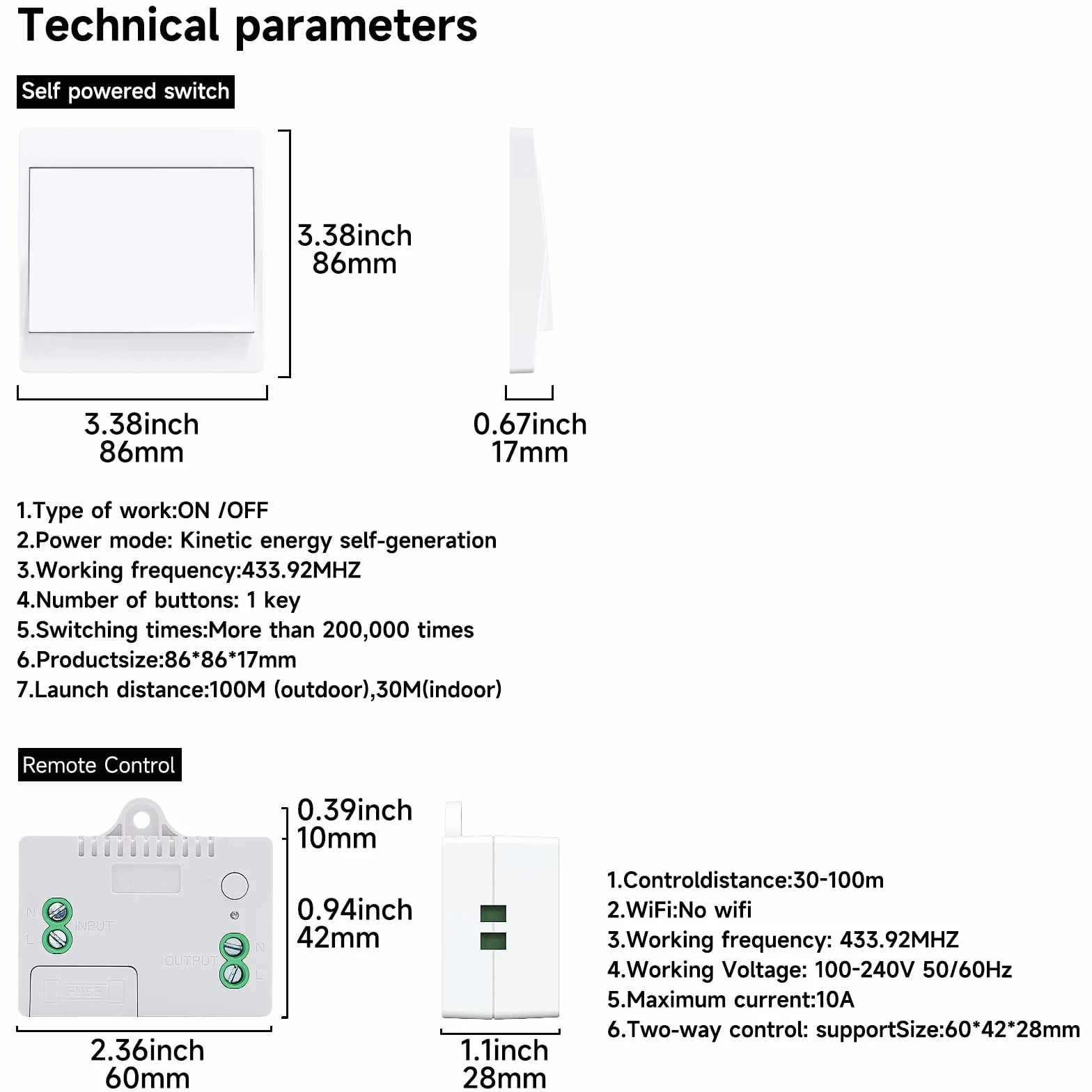 EU Interrupteur sans fil sans piles Lot de 2 Kit Autoalimenté Va-et-vient Radio Télérupteur Éclairage Domestique (1Gang 2V1 A)