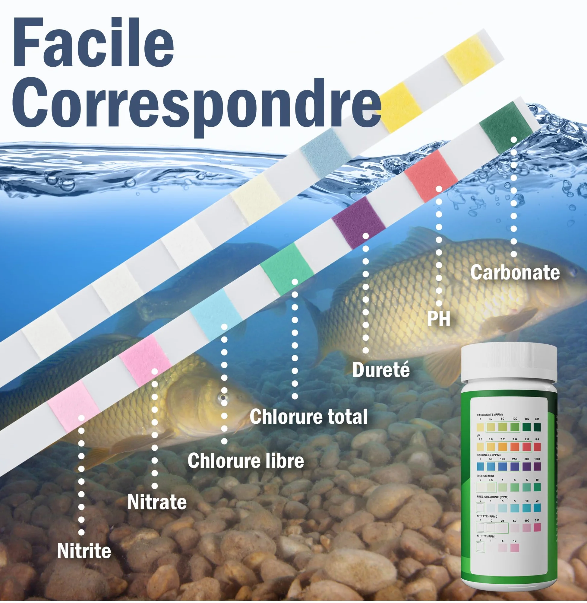 Bandelettes de test 7 en 1 pour bassin – Kit de test précis pour le pH, les nitrates, les nitrites, les carbonates, la dureté, le chlore total et libre – Pour bassins – 50 bandelettes