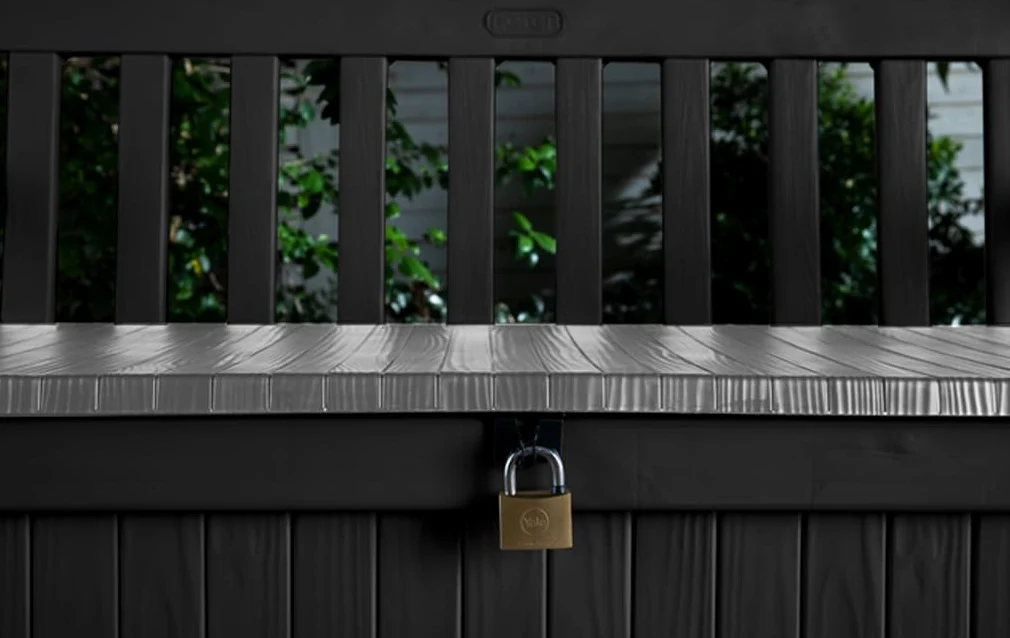 Keter Banc de Jardin avec Coffre de Rangement en resine texturée résistant aux intempéries, Banc de Rangement verrouillable, Gris