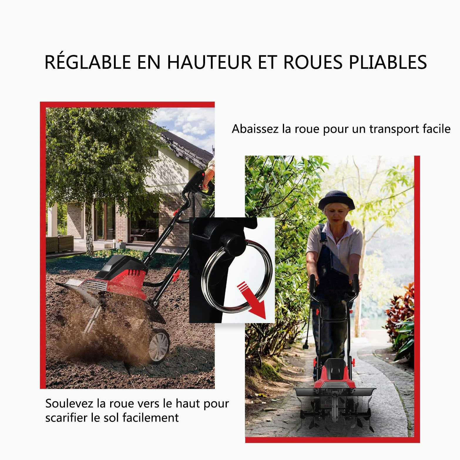 COSTWAY Motobineuse Électrique 1500W Profondeur de Travail 22CM Largeur de 43CM avec Poignée Pliable et Roues Réglables 6 Lames pour Jardinage et Désherbage