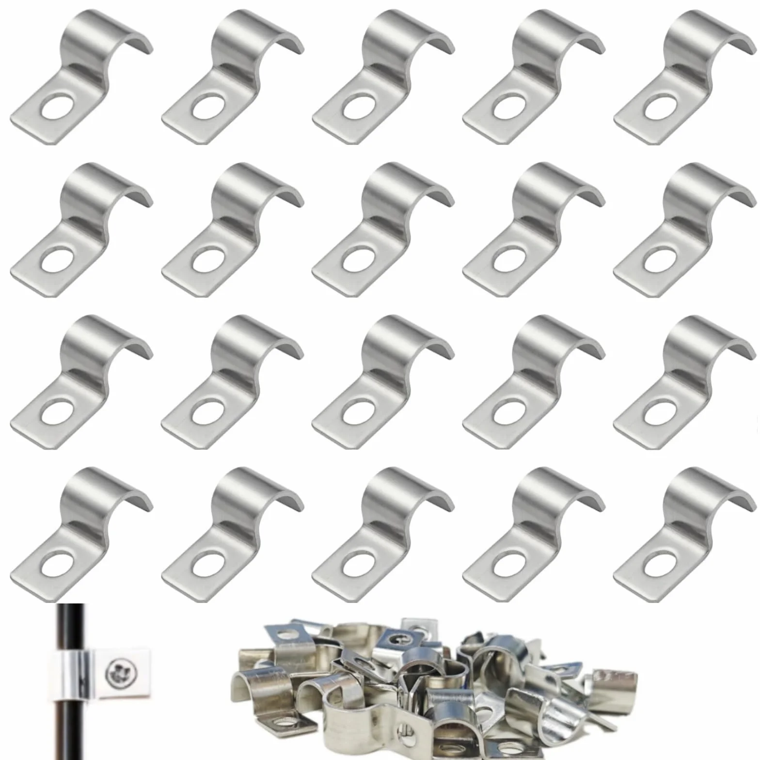 MINGBOLIN 75 Pièces Colliers de Serrage en U, Attache de Fixation Métal Inox Trou Unique 10mm pour Câbles Tuyaux