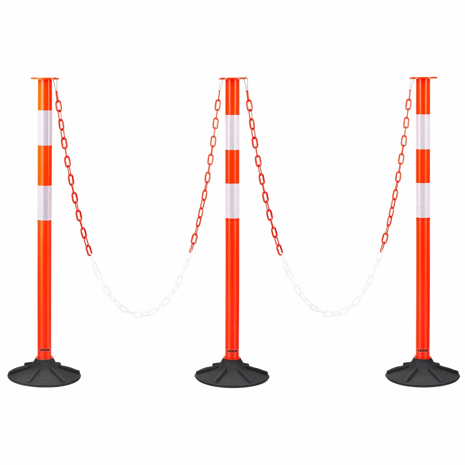 VEVOR Poteau de Signalisation 3PCs 87,1 cm, Balise Délimitation Base Lestée, Bandes Réfléchissantes Chaîne
