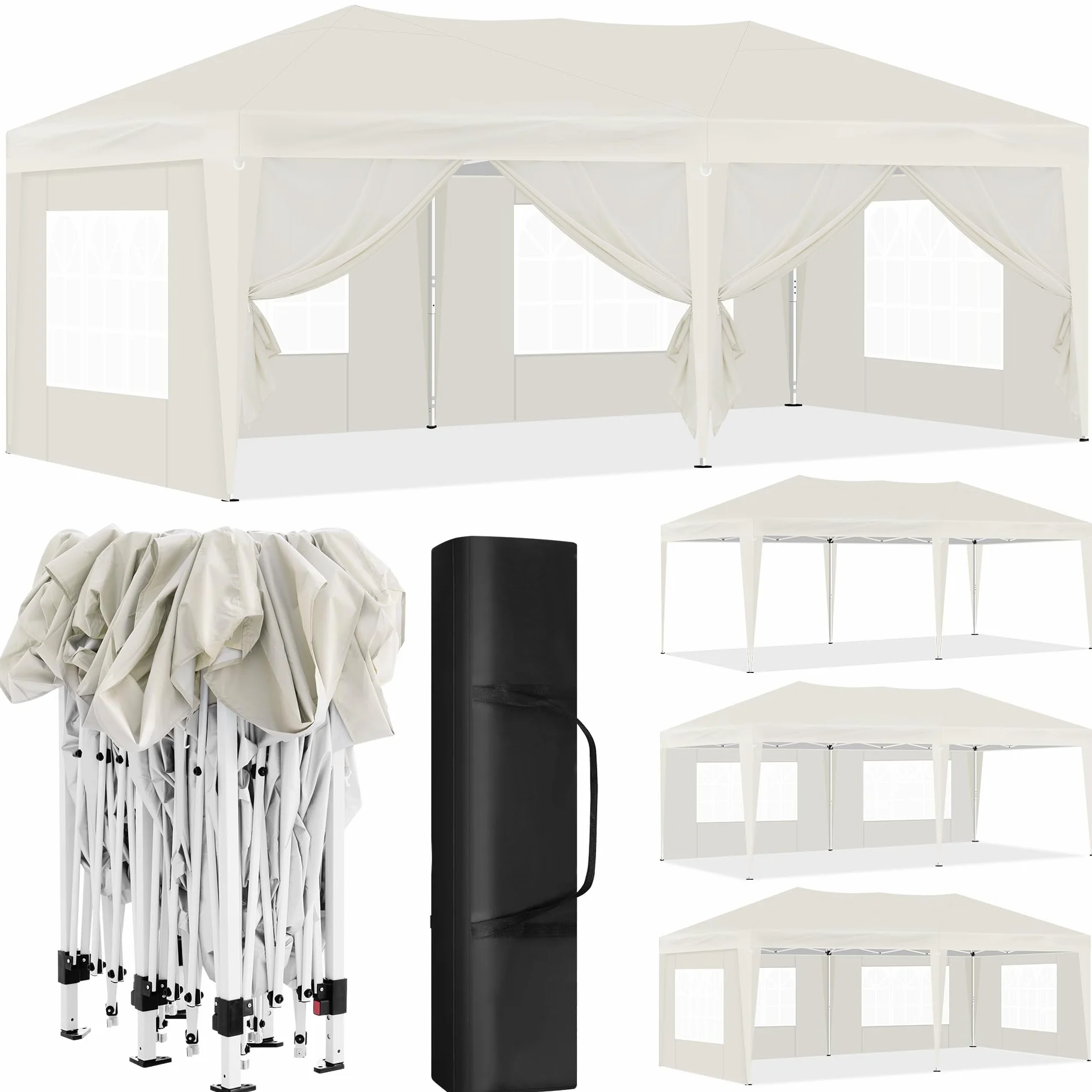 Laneetal Tonnelle de Jardin Pliante 3x6m, Tente de Réception Pop-up, Pavillon en Métal, avec 6 Parois Latérales et 4 Fenêtres, pour Camping Fête Plage, Beige