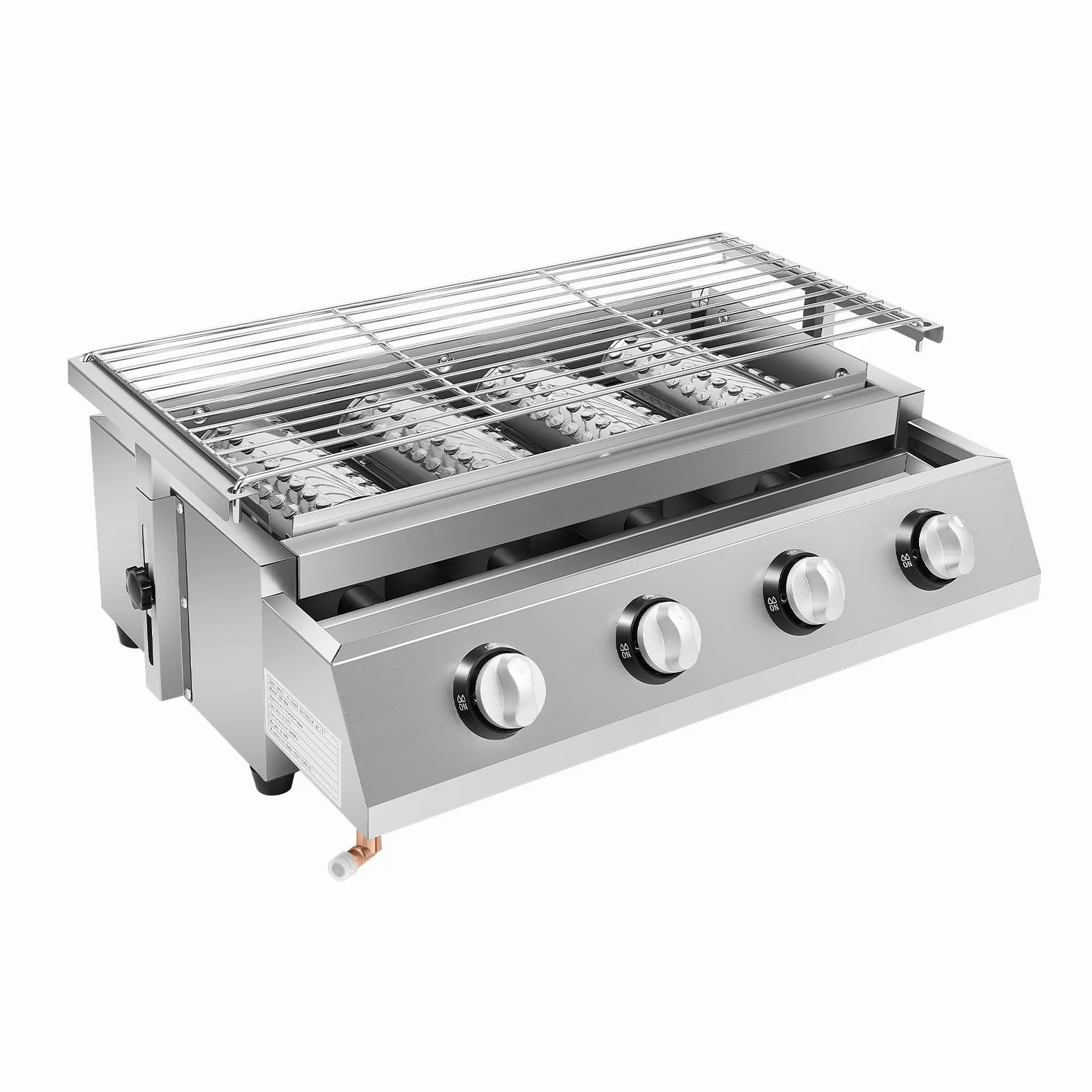 Barbecue à gaz en acier inoxydable - 4 brûleurs - Barbecue de table - Barbecue à gaz GPL - Barbecue amovible - Pour camping, balcon, jardin - Argenté