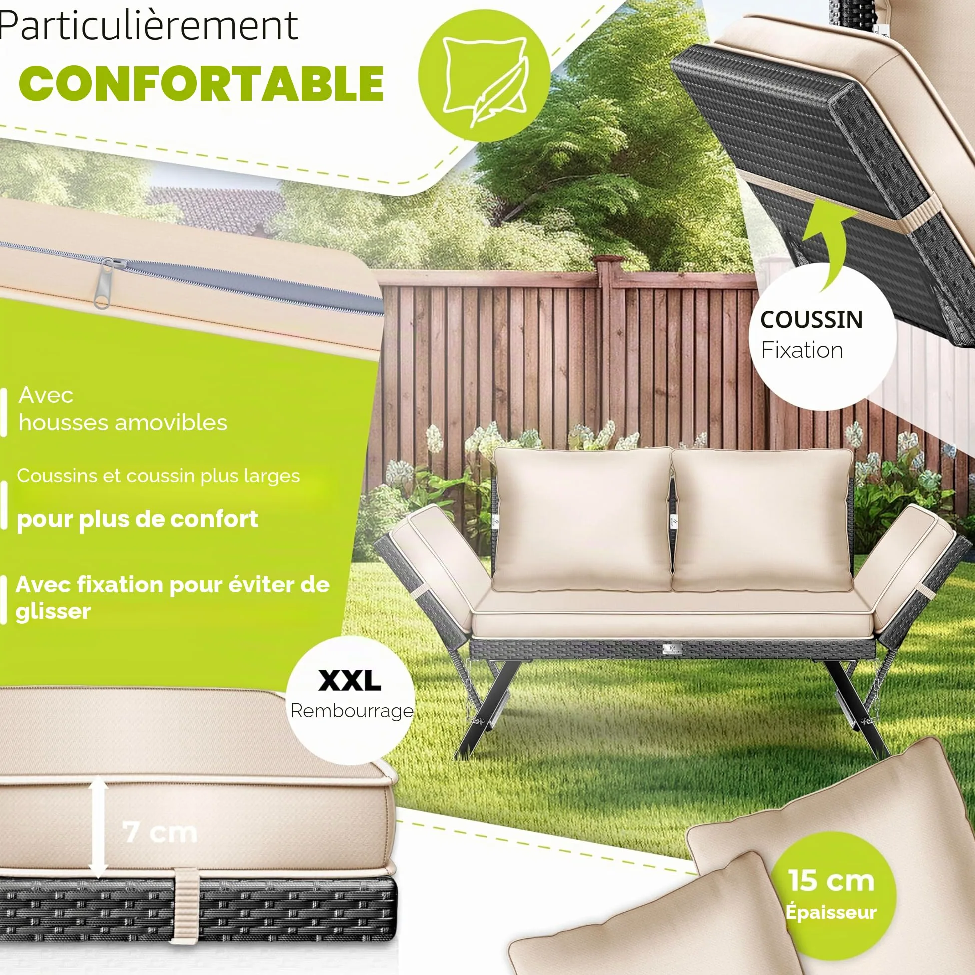 KESSER® Luna Banc de jardin en polyrotin avec fonction allongée, 4 en 1, résistant aux intempéries, canapé de balcon, canapé réglable, accoudoirs réglables, rembourrage extra épais