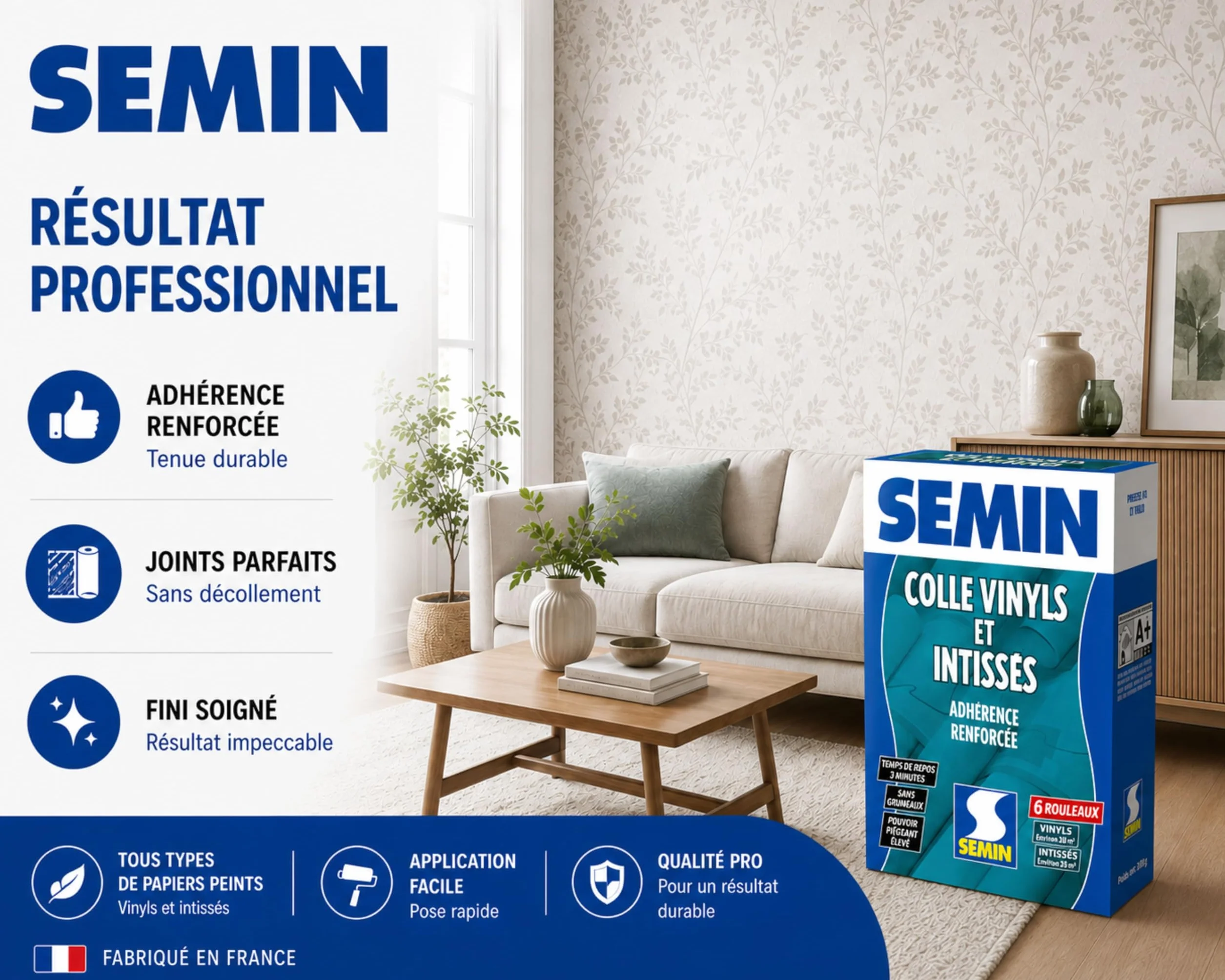 SEMIN Colle Papier Peint en Poudre 300g – Pour Papiers Peints Vinyls & Intissés – Sans Grumeaux – Prête en 3 Min – Forte Adhérence – Fabriquée en France