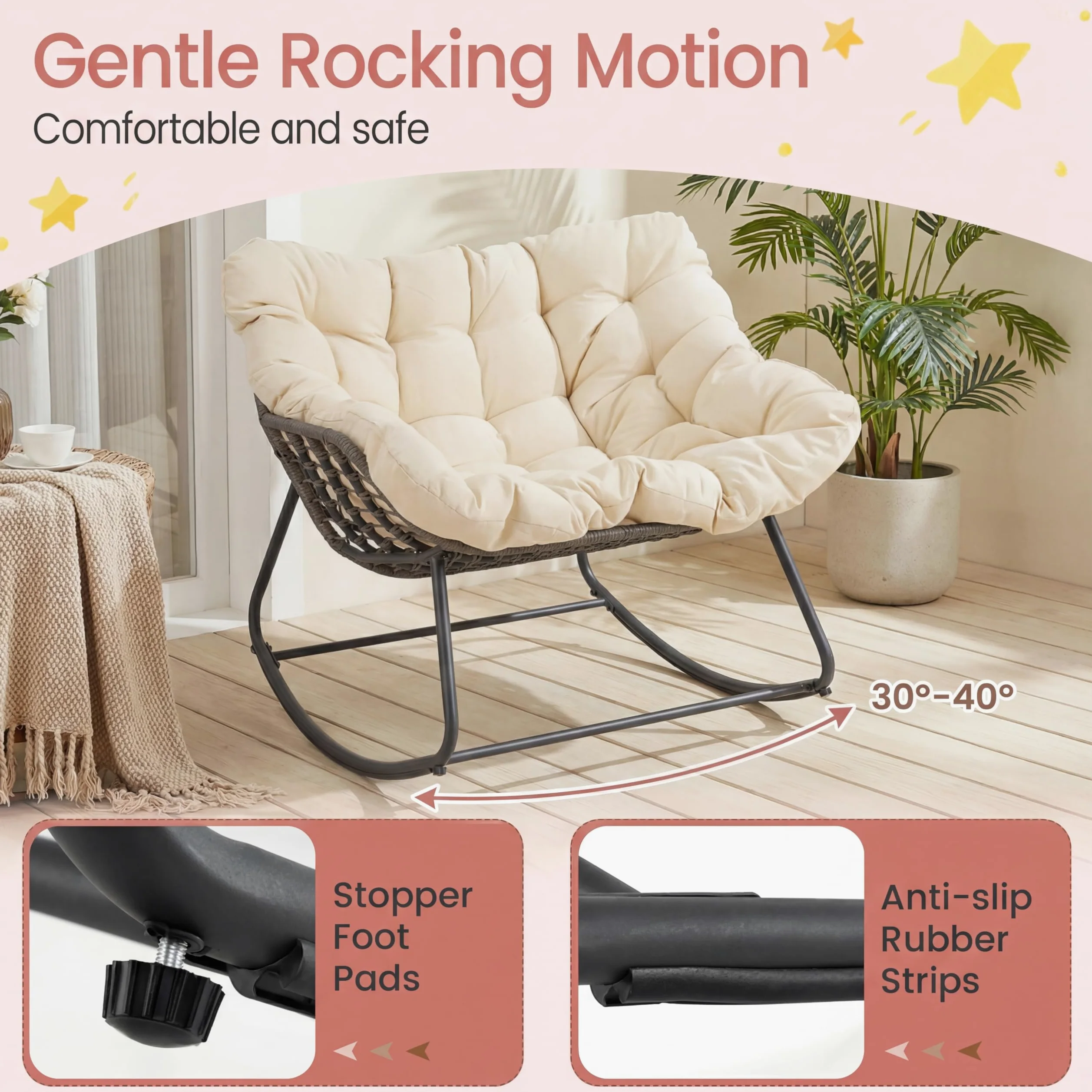 SOARS Fauteuil à Bascule de Jardin, Chaise à Bascule Papasan en Rotin avec Coussin Rembourré et Amovible, Cadre en Métal, Charge 150 KG, pour Intérieur et Extérieur, Salon Balcon Terrasse, Beige