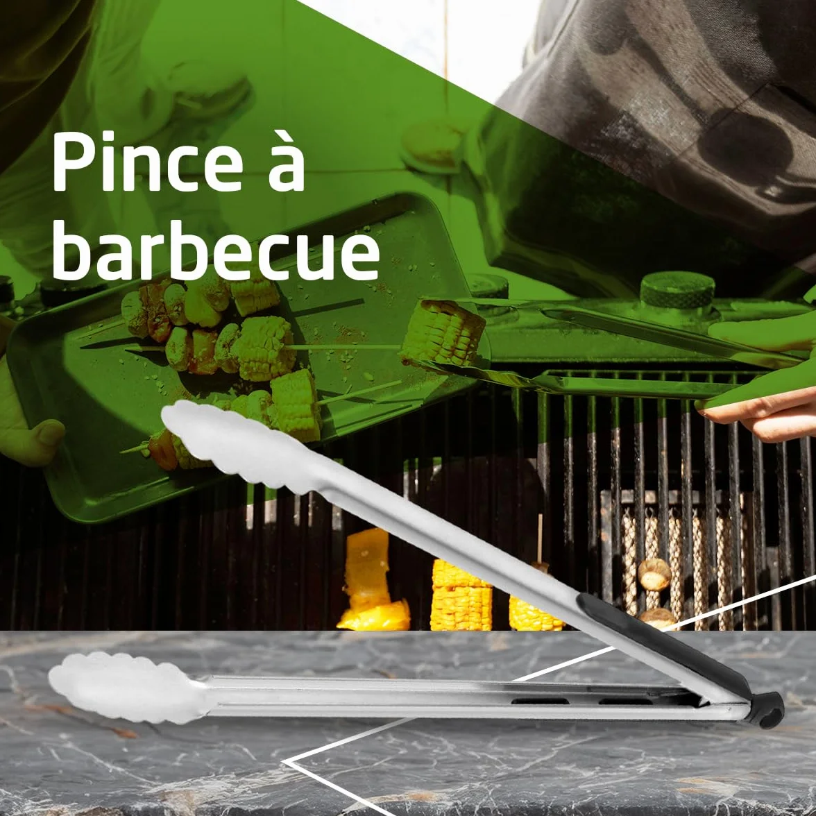 Amig - Pince à barbecue Fireplus - Accessoire de cuisine pour barbecue - Acier inoxydable - Avec poignée en caoutchouc antidérapante - Résistant à la chaleur - 34,5 cm
