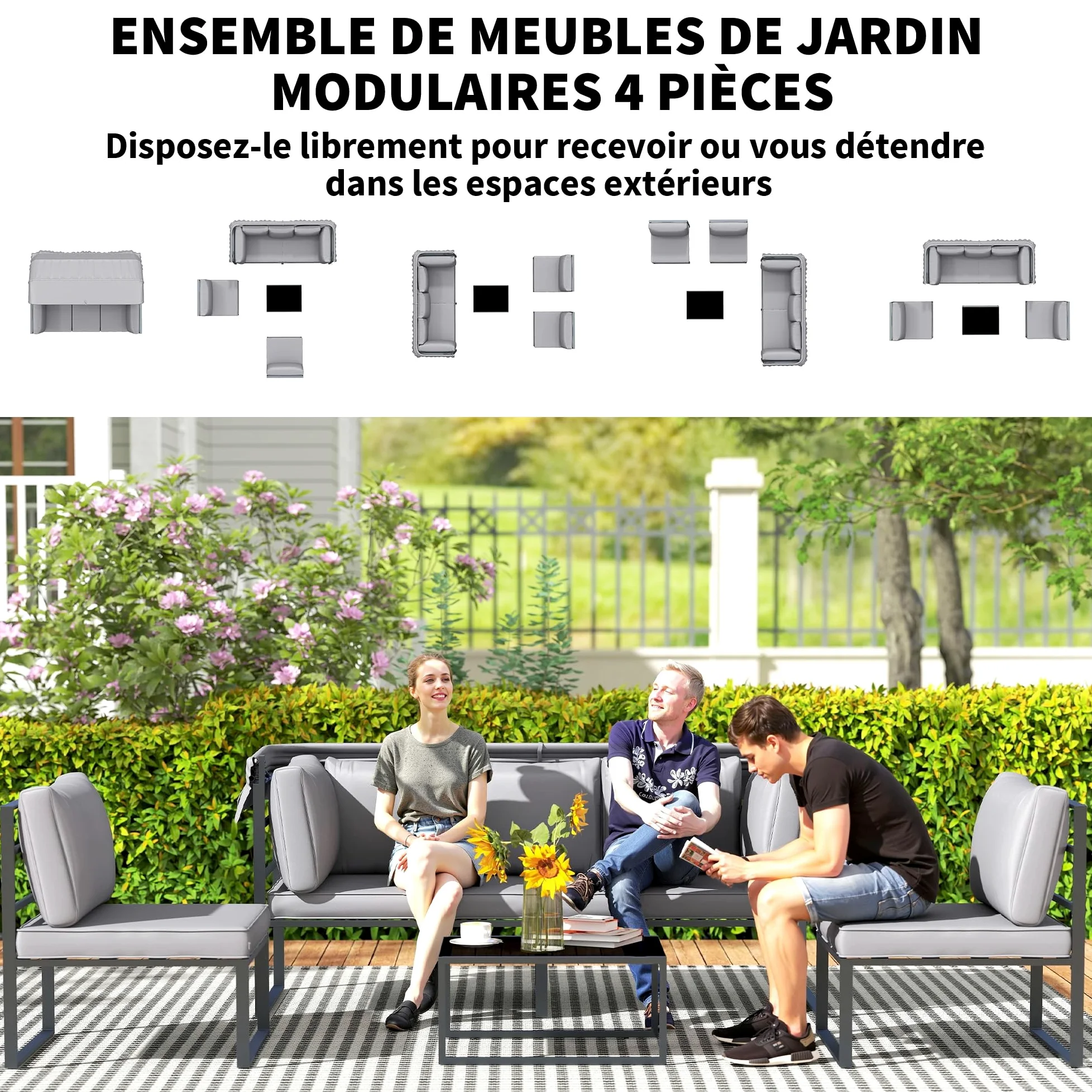 Outsunny Salon de Jardin extérieur 4 pièces modulaire avec canapé 3 Places, 2 fauteuils et Table Basse en Verre trempé, mobilier de Jardin avec Coussins Inclus pour terrasse ou véranda, Gris