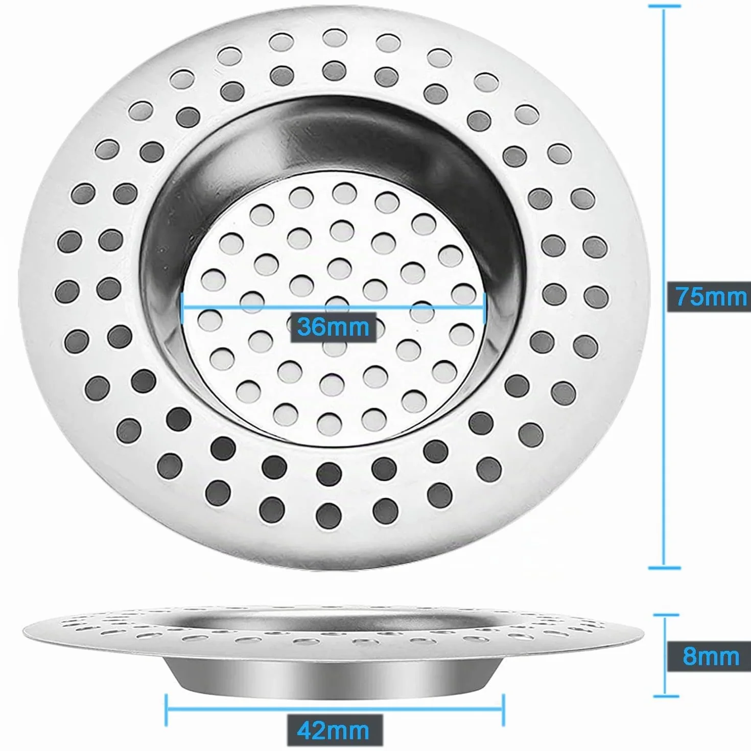 Tomario Bondes d'évier de cuisine en acier inoxydable Lot de 2 - Protection standard - 7,5 cm extérieur 3,6 cm intérieur