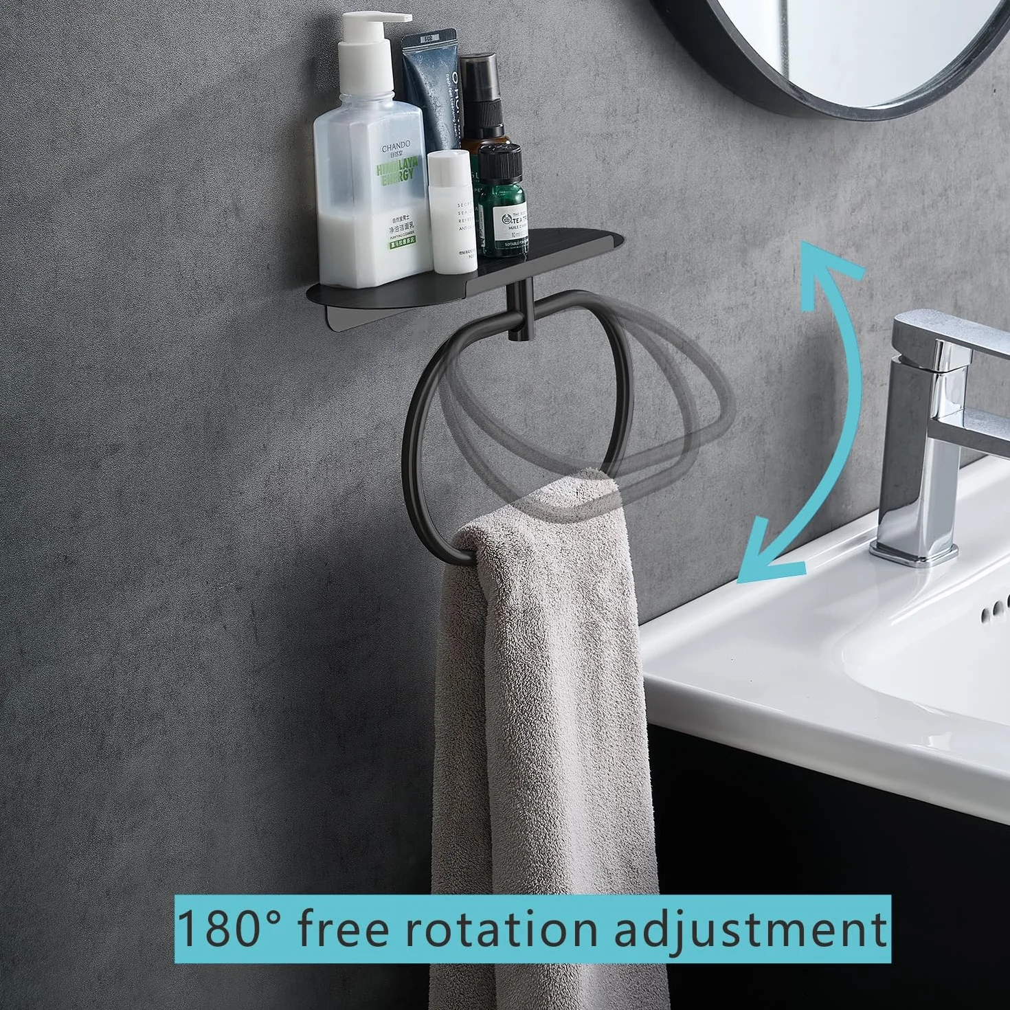 DIY ZON Anneau Porte-Serviettes Acier Inoxydable Auto-Adhésif Mural Salle de Bain Cuisine Noir