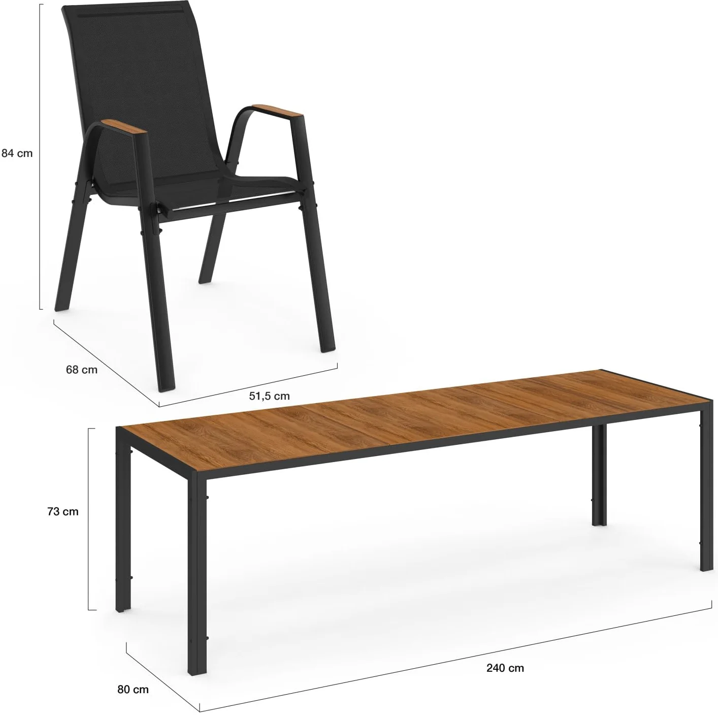IDMarket - Salon de Jardin NOUMEA Table 240 cm Plateau Verre trempé Effet Bois et 10 chaises empilables Noir et Bois