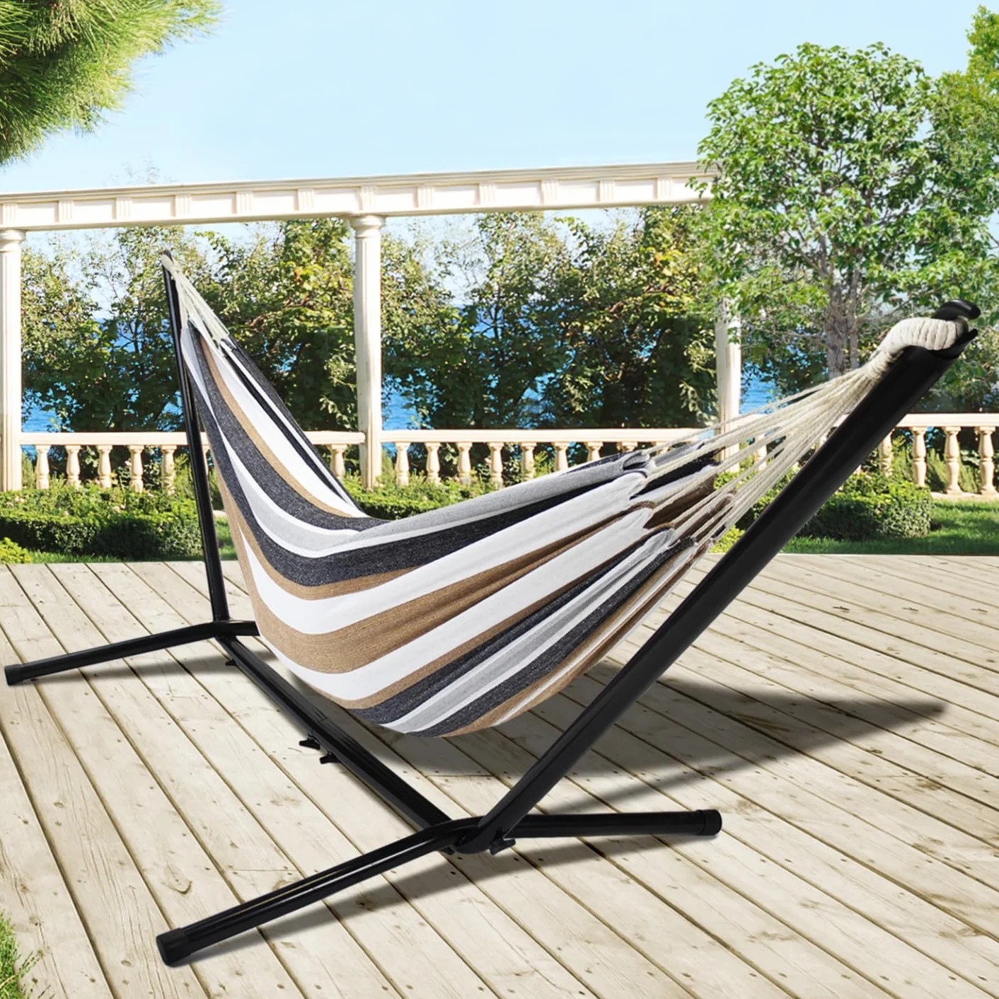 Hamac avec Support métal Noir et Toile rayée Noire, Blanche et Chocolat