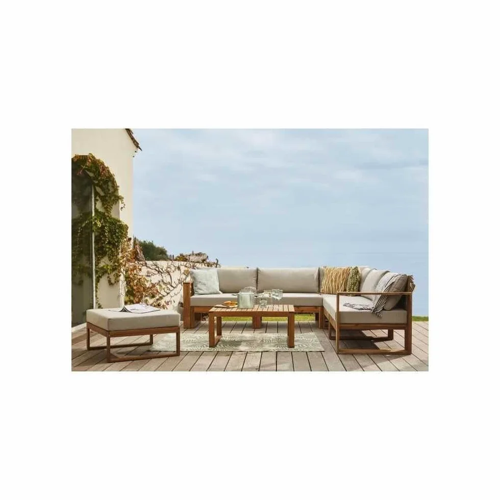 Salon de Jardin LEVATA en Bois dacacia FSC - 6 Personnes avec Ottoman - Coussins Gris et Deux Tons + Housse Incluse